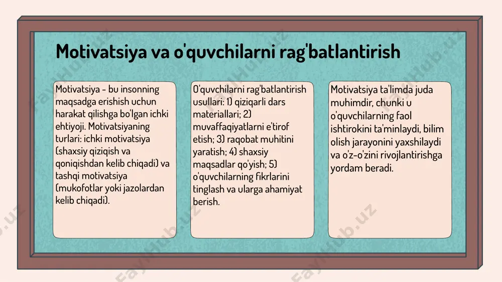 atsiya qiladi va samarali o'rganishga yordam beradi. masalan, virtual simulyatorlar va onlayn platformalar o'qituvchilarga o'quvchilarni yanada samarali rag'batlantirishga yordam beradi. raqamli vositalar ta'lim jarayonida muhim rol o'ynaydi, chunki ular o'quv materiallarini yanada qiziqarli va tushunarli qilishga yordam beradi. masalan, multimedia taqdimotlari va interaktiv dasturlar o'quvchilarni jalb qiladi. photo by annie spratt on unsplash 1 2 3 ta'limda individual yondashuvlar - har bir o'quvchiga individual yondashuvning ahamiyati: o'quvchilar turli ehtiyoj va qobiliyatlarga ega, shuning uchun individual yondashuv ta'lim jarayonini samarali qiladi. - differensial ta'lim metodlari: o'quvchilarning o'ziga xos xususiyatlariga mos keladigan metodlarni qo'llash muhimdir. - o'quvchilarning individual ehtiyojlarini aniqlash usullari: intervyu, testlar va kuzatishlar yordamida o'quvchilarning ehtiyojlarini aniqlash mumkin. tarbiya jarayonida zamonaviy yondashuvlar - zamonaviy tarbiya jarayonida psixologik yondashuvlar o'quvchilarning individual xususiyatlarini hisobga oladi. - o'qituvchilar o'quvchilarning ehtiyojlari va qobiliyatlariga mos innovatsion usullarni qo'llashlari zarur. - interaktiv ta'lim metodlari va texnologiyalar (onlayn platformalar, mobil ilovalar) o'quvchilarning motivatsiyasini oshiradi. - texnologiyalardan (virtual …