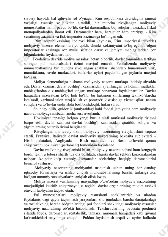 , iqtisod o‘zini boshqarishga barqaror va samarali harakatlariga alohida e’tibor berilgan. bu moliyaviy nazoratni ayrim bo‘g‘inlarini yo‘q qilishga asos bo‘lib va qolganlarini intizomini bo‘shashtirishga olib keldi, ishlarni real ahvolini, moliyaviy intizomini buzilishini, suiste’molini bartaraf qilolmadi. hissadorlik korxonalarida va boshqa nodavlat sektoridagi xo‘jalik sub’ektlarida davlat moliyaviy nazoratini yo‘q qilinishi xorijiy davlatlarda bu nazorat yo‘qligi bilan izohlanadi. lekin, ularda bozor tizimi ko‘p yillar davomida tuzilgan bo‘lib, aldashda va noinsoflik, moliyaviy dallolchilikda tartib qoidani va ma’suliyatni qattiq tutishgan. bozor munosabatlari hamma shakldagi mulk egalari bo‘lgan xo‘jalik sub’ektlarning sistematik reviziyalarini va moliyaviy xo‘jalik faoliyatini tekshirish zarurligini, kamchiliklarini oldini olib va ularni bartaraf etish uchun chora tadbirlarni ishlab chiqishni rad etmaydi. moliyaviy nazorat bozor iqtisodiyotiga ham o‘ziga xos ob’ektiv va hamma xorijiy davlatlarda qanday me’yorda siyosiy va iqtisodiy vazifalar talab etilsa, shu me’yorda qo‘llaniladi. moliyaviy nazoratning yuzaga kelishi va rivojlanishi davlat moliyaviy tizimining tashkil etilishi va rivojlanishi bilan shart qilib qo‘yildi. moliya kabi moliyaviy nazorat …
