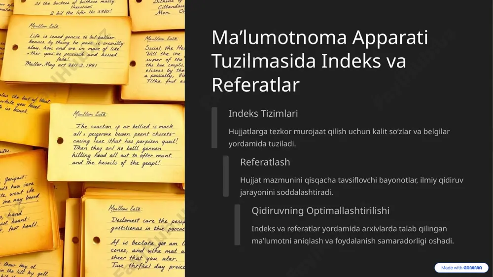 ovetlari fondlari va hokazo. ikkinchi kategoriyadagi fondlar qatoriga jamiyat hayotining ayrim yo’nalishlari bo’yicha ma’lumot beruvchi fondlar kiradi. arxivlarning ilmiy maʼlumotnoma apparati eʼtiboringiz uchun rahmat.🪶 image5.png image6.png image8.jpeg image7.png image9.png image10.png image11.jpeg image12.jpeg image13.jpeg image14.jpeg image15.jpeg image16.jpeg image17.jpeg image18.jpeg image19.jpeg image3.png image4.png