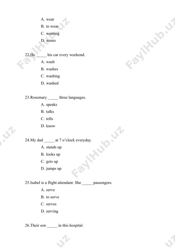 y friendly. 58. choose the correct negative form: a. he not is at home. b. he isn’t at home. c. he are not at home. d. he don’t be at home. 59. select the correct sentence: a. we am late for the meeting. b. we are late for the meeting. c. we be late for the meeting. d. we is late for the meeting. 60. which sentence is correct? a. i are happy today. b. i am happy today. c. i be happy today. d. i is happy today. 61. choose the correct question: a. where is your sister? b. where are your sister? c. where be your sister? d. where am your sister? 62. select the correct sentence: a. he is my best friend. b. he be my best friend. c. he are my best friend. d. he am my best friend. 63. choose the correct negative sentence: a. …