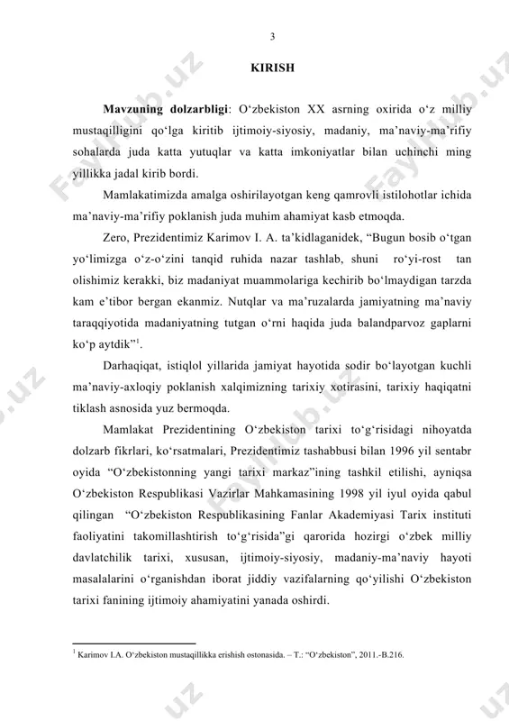 an mavzuning tarixshunoslik tahlili shundan dalolat beradiki, mazkur muammoni ilmiy jihatdan o‘rganish borasida qator ijobiy ishlar bajarildi. hozirgi davrga kelib, ushbu yo‘nalish bo‘yicha ijtimoiy-gumanitar fan olimlari izlanishlari turli nashrlarda e’lon qilindi, umumlashtiruvchi asarlar, monografiya, risolalar chop etildi. mavjud adabiyotlarni konseptual-metodologik nuqtai-nazaridan ikki guruhga bo‘lish mumkin. birinchi guruhga mansub qatorga sovetlar mustabid tuzumi davrida yaratilgan asarlar kirgan bo‘lsa, ikkinchi guruhni istiqlol davrida yozilgan, chop etilgan monografiya, risola, kitob, maqolalar tashkil etadi. sovetlar mustabid tuzumi davrida o‘zbekiston madaniyati, uning nazariyasi, milliy siyosat tarixiga oid juda ko‘plab asarlar yaratildi. mustaqillik yillarida o‘zbekiston milliy siyosati, madaniyati tarixi, nazariyasiga oid qator ilmiy tadqiqot olib borildi va ko’plab asarlar chop ettirildi. xususan, c. атамуратов, a. jalolov, d. bobojonova, m. imomnazarov, m. bo‘riyeva, ата-мирзаев о., v. гентшке, r. муртазаева, a. bekmurodov, u. g‘afurov, sh. mustafaqulov, n.kattayev sovetlar mustabid tuzumi davrida milliy siyosat va madaniyatga nisbatan imperiyacha munosabat jiddiy yangi metodologiya asosida tahlil etilgan1. bmining maqsad va vazifalari: …