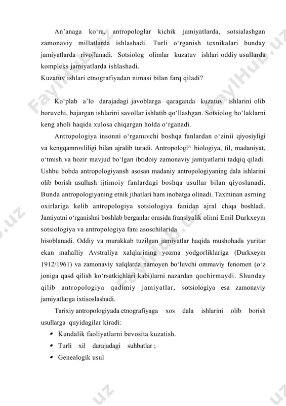 odlar va qarashlarni aniqlash turli xil muammolarga yechim topish uchun yо‘naltirilgan tadqiqotlar; uzoq muddatli tadqiqot - ma’lum bir hudud yoki makonni doimiy tadqiq etish guruh bо‘lib tadqiqot olib borish - kо‘pchilikni tashkil qilgan etnograflar tomonidan boshqariladigan tadqiqot kuzatuv va amaliy kuzatuv usuli etnograflarning kundalik hayotning turli taraflariga, fasliy jarayonlarga va g‘ayrioddiy hodisalarga diqqat bilan yondashishi taqozo etiladi. о‘zlari kо‘rib turgan voqea-hodisalarni qog‘ozga tushirib borishlari lozim. etnograf dala ishini olib bor ekan dastlabki kun yoki haftada bо‘lganidek endi u atrofde jarayonlarga ajablanarli nigoh bilan qaramaydi[footnoteref:3]. [3: ] kо‘pchilik etnograflar о‘z taassurotlarini shaxsiy kundalik xotira daftarlariga yozib boradilar va bu kundalik zsa rasmiyroq kо‘rinishdagi dala taassurotlari daftaridan farq qiladi. bu kabi xotira daftarlarida aks etadigan dastlabki taassurotlar keyinchalik madaniy tafovutlarning asosiy jihatlarini qayta kо‘rsatib beradi. bunday jihatlarga farqli hidlar, odamlarning shovqin-suronlari, ularning ovqat yeyishida og‘izlarining holati va bir-birlariga qanday nigoh bilan qarashlari kirishi mumkin. arzimas tuyuluvchi bu kо‘rinishlar g‘oyatda muhim ahamiyatga ega …