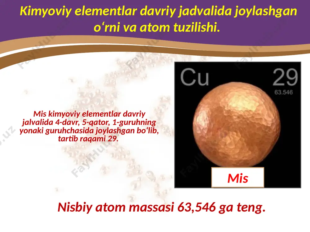 i guruh yonaki guruhcha metallarining davriy jadvaldagi o‘rni. atom tuzilishi. xossalari. mis. 9 - sinf - Page 5