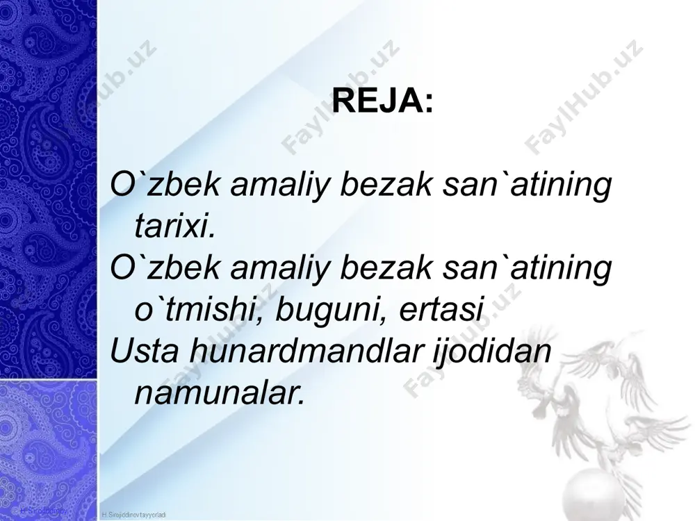i bajara olmaydi yoki o'quvchi yoshlarga tabiat go'zalligini, ona vatanimizning tarixini, milliy merosimizning tarixini tariflab bera olmaydi, hamda o'z kasbiga kiziktira olmaydi. o`zbek amaliy bezak san`atining o`tmishi, buguni, ertasi bugungi talaba, bo'lajak pedagog, o'zbek xalqining hamda o'tmiish bor bo'lgan markaziy osiyo xalqlarining amaliy va tasviriy san'at borasidagi noyob namunalirini o'zlashtirgan bo'lishi va to'laligicha o'quvchi yoshlarga ulashmogi ayni davr talabidir. shu sababli bo'lajak rassom-pedagoglarga quyidagi talablar yo'qlanadi; - o'zlari ta'lim berishi lozim bo'lgan o'smir va yoshlarga san'at sirlarini, uning meros namunalarini har tomonlama o'rgatish; - ayni yangi lanish. rivojlanish davri yosh avlodni bilimdon, yaratuvchan, yuksak madaniyatli va mustaqil mamlakat takdiri uchun masul shaxslar qilib tarbiyalash; amaliy-bezak san'atining asosiy badiiy usuli - naqsh, shuningdek buyum tashqi bezalishining unsurlari, masalan, mebelning turli xil naqshlari yoki jonvorlar figuralari ko‘rinishidagi detallari. xviii asrdan e'tiboran faqat tanishtiruv maqsadlariga xizmat qiluvchi buyumlarni tayyorlash bezaklash san'atining alohida sohasi sifatida ajralib chiqa boshlaydi. bu, misol uchun, turli xildagi marosimbop …