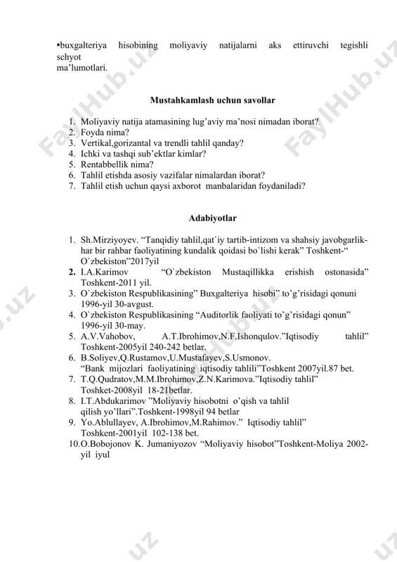 or va buyurtmachilar yoki sheriklarni korxonaning yil yakuni bo’yicha iqtisodiy foydasi va h.k. bugungi bozor munosabatlari sharoitida korxonalarning moliyaviy natijalarini tahlil etishda moliyaviy tahlilning eng asosiy vazifalari bo’lib quyidagilar hisoblanadi: • korxonaning foydalilik darajasiga baho berish; • korxonaning moliyaviy natijalarini tarkibi, tuzilishi va dinamik o’zgarishlariga baho berish; • biznes rejada belgilangan foydalilik darajasiga erishilganligi va unga ta’sir etgan omillarni o’rganish hamda baho berish; • foydaning shakllanishi va ishlatilishining asoslanganligini tekshirish; • foydaning ko’paygan yoki kamayganligiga mahsulot (ish, xizmat)lar sotishdan va boshqa faoliyatlardan erishilgan natijaning ta’sir etishini aniqlash; • korxonaning yalpi foydasi va unga ta’sir etuvchi omillarga baho berish; • soliqqa tortilgunga qadar bo’lgan foydaning shakllanishiga va unga ta’sir etuvchi omillarga baho berish; • korxonaning sof foydasi va unga ta’sir etuvchi omillarni o’rganish hamda baho berish; • sof foydani ko’paytirish yo’nalishlarini belgilab berish; • korxonaning rentabellik ko’rsatkichlarini o’rganish va ularga ta’sir etuvchi omillarga baho berish; • korxonaning umumiy rentabellik darajasini oshirish …