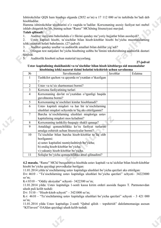 hisobi va hisoboti auditi. 1. ta’sis hujjatlari bilan tanishishda auditor ma’lumotlari. 1. ustav kapitali hisobi bo’yicha muomalalarni tekshirishda hujjatlar va buxgalteriya hisob-kitoblari axborot manbalari. 1. ustav kapitalining shakllanishi va ta’sischilar bilan hisob-kitoblar xamda soliqqa tortish jarayonlarini tekshirish. 1. rezerv kapitali auditi. 1. qo’shilgan kapital auditi. 1. ta’sis hujjatlari, kapital va rezervlar auditi natijalari. 1. ustav kapitali hisobi bo’yicha odatiy xatoliklar. 4. mavzu bo’yicha masalalar 4.1 masala “ramz” mchj 2013 yil 11 yanvarda toshkentda tashkil topgan. ustav kapitali 34 223 000 so’m. “kitinvest” aj ustav kapitalining 50 % miqdorda bo’lgan nominal qiymati 17 112 000 so’m bo’lgan ulushga ega. “makromarket” aj ustav kapitalining 40 % miqdorda bo’lgan nominal qiymati 13 690 000 so’m miqdorda ulushga ega. fuqaro t. parmonov nominal qiymati 3421000 so’m bo’lgan ustav kapitalining 10 % miqdorida ulushga ega. “makromarket” aj va fuqoro t. parmonov o’z ulushlarini pul mablag’lari bilan to’ladilar. “kitinvest” aj mum (tsum) ta’sischi sifatida ustav kapitaliga …