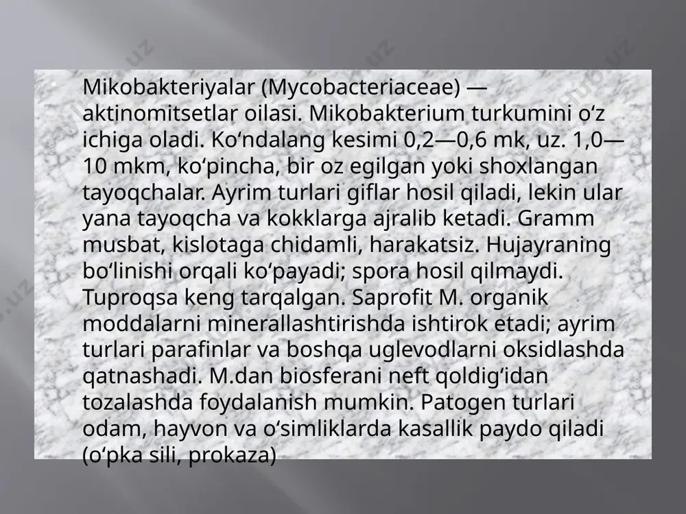 akteriyalar 15 oydan song turli shakllarda asosan hujayra sitoplazmasida kopayadi.moxov mikobakteriyalarining kopayishida ishtirok etadigan difekoloksidaza,nafas olishda qatnashadigan peroksidaza,sitoxromoksidaza digidrogenaza fermentlari borligi aniqlangan.toksin hosil qilishi toliq organilmagan lekn endotoksin va allergen moddalar ajratadi.immunokimyoviy usullar yordamida uning haroratga chidamli va chidamsiz antigenlari ajratib olingan.tashqi muhitga chidamli lekn:xlorli oxak xloramin formalin tasirida tez nobud boladi.kasallikning yashirin davri 3-5 yildan 10-15 yilgacha davom etishi mumkin kasallik juda sekin rivojlanadi.moxov qozgatuvchisi birinch teri va shilliq qavatlardan otib nerv tolalarining uchlariga kirib oladi song limfa va qon kapillarlarida otib asta sekinn butun organizmga tarqaladi. moxov kasalligining 3 klinik xili tafovut qilinadi 1.lepromatoz ogir kechadi, xavfli hisoblanadi. bemorning yuzi bilagi boldiri va boshqa azolarida kop lepromalar hosil bolib ular bir-biri bilan qoshilib katta katta infitratlar hosil qiladi.keyinchalik lepromalar teshilib orniga yaralar paydo boladi,kasallik ochoqlarida sezuvchanlik yoqolib soch va kipriklar tokilib ketadi.kasallikning bu turida bemor koz muguz pardasi zararlanib butunlay kor bolib qolishi ham mumkin.qol oyoq barmoqlari tushib …