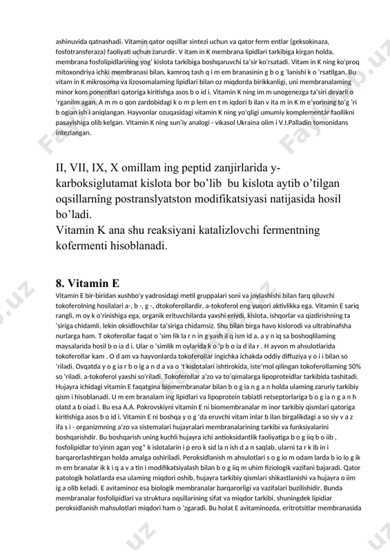 elgilanishiga asoslangan. eruvchanligiga qarab yog‘da va suvda eruvchan vitaminlar tafovut etiladi. yog‘da eruvchan vitaminlar: 1. vitamin a, antikseroftalmik retinol. 2. vitamin d, antiraxitik kalsiferol. 3. vitamin e, antisteril, ko'payish vitamini, tokoferollar. 4. vitamin k, antigemorragik, naftaxinon. suvda eruvchan vitaminlar: 1. vitamin b ,, antinevrit, tiamin. 2. vitamin b ,, o ‘sish vitamini, riboflavin. 3. vitamin b6, antidermatit, adermin, piridoksin. 4. vitamin b ]:, antianemik,kobalamin. 5. vitamin pp, antipellagrik, niatsin, nikotinamid. 6. vitamin bs, antianemik, folat kislota. 7. vitamin b 3, antidermatit, pantotenat kislota. 8. vitamin n, antiseborrey, bakteriyalar, achitqi o ‘sish omili, biotin. 9. vitamin c, kapillyarlami mustahkamlovchi, askorbin kislota. shuningdek, ba’zilari organizmdamaium miqdorda sintezlanadigan vitaminlarga o'xshab ta’sir etadigan turli kim yoviy moddalar guruhida tafovut etiladi; odam va ba’zi hayvonlar uchun bu m oddalarni vitaminsimon moddalar guruhiga kiritilgan. ularga holin, lipoat kislota, vitamin b 15 (pangam at kislota), orotat kislota, inozit, ubixinon, paraaminobenzoat kislota, kamitin, linol va linolen kislotlari, vitamin …