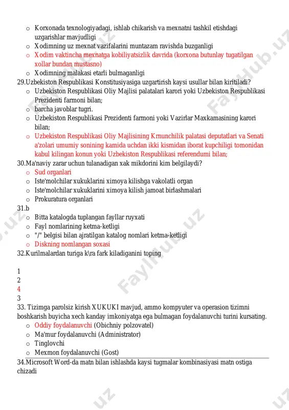 dministrator) o tinglovchi o mexmon foydalanuvchi (gost) 34.microsoft word-da matn bilan ishlashda kaysi tugmalar kombinasiyasi matn ostiga chizadi o ctrl+h o ctrl+u o ctrl+i o ctrl+b 35.kuyidagn portlardan kaysi port lokal tarmokka ulanish imkonini beradi? 1 2 3 4 4 1 2 3 36.sakkiz bitga teng bulgan axborot mikdorining asosiy ulchov birligi nima deb ataladi? o kilobit o megabayt o kilobayt o bayt 37.rasmda kursatilgan «dokumenti» menyusida kanday xujjatlarning ruyxati shakllantiriladi? 38.internet tarmogidagi uz veb-saygaga yoki saxifasiga xamma erknn foydalanishn mumkin bulgan, ijtimoiy-siyosiy: ijtimoiy-iktisodiy va boshka xususiyatga ega axborotni joylashtiruvchi, shu jumladan axborotdan foydalanuvchilar tomonidan ushbu axborotni muxokama kilish uchun joylashtiruvchi jismoniy shaxs kim deb ataladi? o jurn alist o bloger o diktor o administrator 39.geografik nuktai nazardan uzokda joylashgan xodimlarga axborotni almashish, saklash, kayta ishlash va boshkaruv ta'sirlarini uzatish yagona tizimi yordamida tashkilot sifatida uzaro ishlash imkonini beruvchi makon kanday nomlanadi? o virtual ofis o virtual vokelik o virtual …