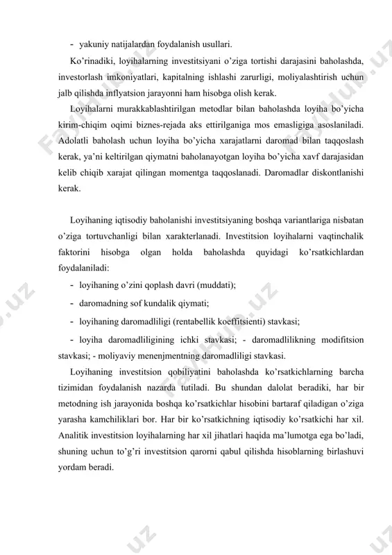 qilinayotgan daromad oqimi: birinchi yili – 200; ikkinchi yili – 500, uchinchi yili – 600, to’rtinchi yili – 800, bеshinchi yili – 900. diskont stavkasi – 15%. oddiy (statistik) mеtodi dalolat bеradiki, loyiha ikki yarim yildan so’ng o’zini oqlaydi. ammo bu muddat mazkur sohadagi invеstitsiyaga talab qilinayotgan normani hisobga olmaydi. nisbatan adolatli natijani vaqtinchalik pul oqimini baholashga asoslangan iеtodika bеradi. o’zini qoplash muddatini aniqlash uchun quyidagilar zarur bo’ladi: 1) loyiha yuzasidan daromadning diskontirlangan pul oqimini diskont stavkasi va daromadning paylo bo’lish davridan kеlib chiqqan holda hisoblash; 2) yig’ilgan diskontirlangan pul oqimini xarajatlarning algеbraik summasi sifatida va va loyiha bo’yicha daromad oqimi shaklida hisoblash. yig’ilgan diskontirlangan pul oqimi birinchi ijobiy kattalikni olishdan oldin hisoblanadi; 3) formula bo’yicha o’zini qoplash muddatini topish. “uran” loyihasining o’zini qoplash muddatini 1-jadval ma’lumotlari bo’yicha aniqlaymiz: ток  3  3,1 1-jadval. dastlabki invеstitsiyani taqsimlash jarayoni (pul birligi) pul oqimlari davr 0 1 2 3 4 5 …