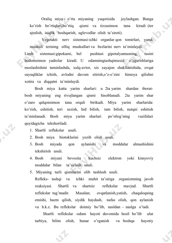 ish: shartli refleks hosil bo’layotgan davrda tashqi muhit sharoitning birdan o’zgarishi miya po’stlog’ida yangi qo’zg’alish o’chog’ini hosil qiladi va shartli refleks markazini tormozlaydi. bunday ta’sirlovchilarga turli tovushlar, xonadagi yorug’lik, shamol va boshqalar kiradi. tashqi tormozlanishi hosil qiladigan ta’sirlovchilar shartsiz ta’sirlovchi deb nomlangan. masalan: dars vaqtida ko’chadan avtomobil ovozi eshitilganda o’quvchining diqqati buziladi. shartli tormozlanish- hayot davomida asta-sekin paydo bo’ladi. sunuvchi, qiyosiy va kechikuvchi turlarga bo’linadi. sunuvchi- agar odam egallagan bilim, hunar kasbini uzoq vaqt takrorlab turmasa, uning esidan chiqadi. adabiyotlar: 1. sodiqov k.s. “o`quvchilar fiziologiyasi va gigiyenasi” t. o`qituvchi 1992 yil. 2. galperin s.n. “bolalarning fiziologik hususiyatlari” m. prosveshenie. 3. temkin b.n. “maktab gigiyenasi” t. o`qituvchi 1972 yil. 4. sharipova d.j., vohidova r.g. “o`quvchular toliqishini oldini olish” t. medisina 1986 yil. 5. matyushonok i.t. “boshlang`ich maktab o`quvchilarining anatomiya – fiziologiya va gigienasi” t.o`qituvchi 1972 yil. 6. qodirov u.z. “odam fiziologiyasi” abu ali ibn sino nomidagi tibbiyot nashriyoti t. 1996 yil. …