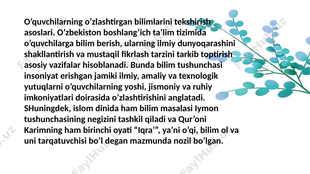 t ob‘ektlari, o’simlik va hayvonlar to’g’risidagi tasavvur va tushunchalarini qanchalik to’g’ri ekanligini aniqlash kerak bo’ladi. shunga ko’ra materialni faqat og’zaki bayon qilinishi bilan qanoatlanib qolmaslik kerak talab qilish kerakki, o’quvchilar javoblarida kuzatish natijalaridan foydalansinlar, o’z hikoyalarini o’qituvchi materialni tushuntirishda foydalangan jadval, model va boshqa o’quv qurollarini ko’rsatish bilan birga olib borsinlar. e'tiboringiz uchun rahmat! image1.png image2.jpeg image3.jpeg image4.png image5.png image6.png image7.png
