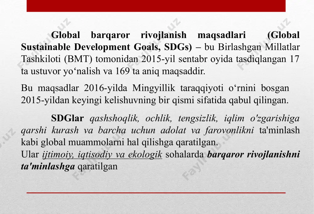 emissiyasi: faoliyatning iqlimga ta'sirini o'lchash. energiya samaradorligi va qayta tiklanadigan energiya manbalaridan foydalanish: energiya resurslaridan qanchalik samarali foydalanilganligini va ularning ekologik jihatdan barqarorligini baholash. 4. institutsional ko'rsatkichlar: korruptsiya indekslari: davlat va xususiy tuzilmalarda korruptsiya darajasini baholash. boshqaruv samaradorligi: boshqaruv sifati va institutlar samaradorligini o'lchaydi. 5. texnologik ko'rsatkichlar: innovatsiya va tadqiqot darajasi: tadqiqot va yangi texnologiyalarni joriy etishga investitsiyalarni o'lchaydi. axborot texnologiyalarining mavjudligi: raqamli infratuzilma va axborotga kirish darajasini aks ettiradi. 6. global ko'rsatkichlar: barqaror taraqqiyot maqsadlari (sdgs) sari olg'a siljish: muayyan sana bo'yicha bmt maqsadlariga erishish yo'lidagi taraqqiyotni baholang. image4.jpeg /docprops/thumbnail.jpeg