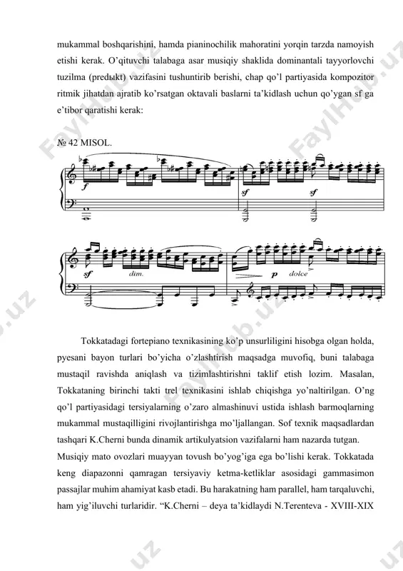 o’n oltitaliklar” chizmasi stereotoifasini ongli ravishda saqlab qolgan, boisi u ritm va motorika bog’liqligini juda yaxshi anglagan. ya’ni, b.teplov ta’kidlaganidek, “ritm hissi o’zining asosida motorli tabiatga ega”[footnoteref:3]. k.cherni tokkatasi buning yorqin ifodasidir, unda bir maromli pulsatsiya dvigatelli ko’nikmalar tashkilotiga vaqt bo’yicha tayanadi. mazkur pyesa aynan shu ma’noda fortepiano mahoratini egallash va san’atning bu yo’lini doimiy takomillashtirishdagi haqiqiy, tengsiz pog’onadir. k.cherni tomonidan topilgan tokkata usullaridan keyingi davrlarda yashagan barcha kompozitorlar individual o’zgartirishlar bilan foydalanganlar. bunga fortepiano texnikasining barcha murakkab turlari bilan to’yingan ulkan polotnolarni namoyon etuvchi r.shuman va s.prokofyev tokkatalari yorqin misoldir. [3: теплов б. психология музыкальных способностей. м., 1947, с.272 ] * * * r.shumanning c-dur op.7 tokkatasi (1830, ikkinchi tahriri 1833) – buyuk nemis kompozitorining mazkur janrda yaratgan yagona asaridir. kompozitor bu asarini o’zining eng yaqin do’sti, iste’dodli pianinochi va kompozitor lyudvig shunkega (1810-1834) bag’ishlagan. u shumanning “yangi musiqiy jurnal”da hamkor muharrir, kompozitorning hamfikri edi. l.shunke musiqachi-valtornachilar oilasida o’sgan, …