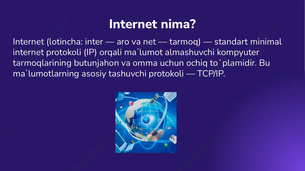 iliklar o'qish, musiqa tinglash, ijtimoiy tarmoqlardan foydalanish kabi, asosan, ko'ngilochar maqsadlarda foydalanadi. ammo internet insonlarga taqdim etadigan qulaylik va foydalar faqat bulardan iborat emas. oddiy elektron pochta (email) xizmatini olib ko'raylik. bir necha soniya ichida maktub yozib, uni komputer yoki telefoningizdagi bitta tugmani bosish orqali dunyoning istalgan joyiga bir soniyada jo'natishingiz mumkin. internetdan oldin bu mumkinmidi? albatta, yo'q. buning uchun ilgari an'anaviy pochta yoki telegraf xizmatlaridan foydalanish lozim bo'lgan. hozir esa bunga hojat yo'q. yoki internet orqali savdo qilishni olib ko'ring. hozir uyingizda o'tirib, internet orqali istagan narsangizni sotib olishingiz va uyingizgacha olib kelib berishlarini buyurtma qilishingiz mumkin. o'zbekistonda ham internet orqali savdo asta-sekin rivojlangib boryapti. 22 internet nafaqat siz bilan biz kabi oddiy foydalanuvchilar tomonidan, balki xususiy va davlat kompaniyalari tomonidan ham keng qo'llanilmoqda. hozir deyarli barcha yirik kompaniyalar o'z xodimlari va mijozlari bilan aloqalarni to'liq internet orqali olib boradi. yangi mahsulotlarini internet orqali ommaga taqdim etadi, sotadi va …