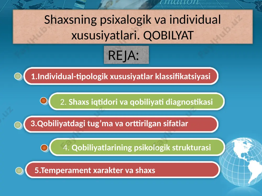 lqining dinamik va xulqining dinamik va emotsional-hissiy tomonlarini xarakterlovchi individual xususiyatlar majmuidir akademik i.pavlov temperament xususiyatlarini belgilab beruvchi uch oliy nerv tizimi xossalarini ajratgan: kuch-ya’ni nerv tizimining kuchli qo’zgatuvchilarga bardoshi muvozanatlashganlik-asabdagi tormozlanish va qo’zg’alish jarayonlarining mutanosibligi harakatchanlik-qo’zg’alish va tormozlanish jarayonlarining tez almashuvchanligi nerv sistemasi tiplari muvozanat-lashgan muvozanat-siz inert kuchsiz sangvinik xolerik flegmatik melanxolik x a r a k t e r xarakter shaxsdagi shunday psixologik subyektiv munosabatlar majmuiki ular uning borliqqa odamlarga predmetlar faoliyatigahamda o’z-o’ziga munosabatni ifodalaydi emotsional kognitiv-borliq muhitning turli tomonlarini shaxs qanday emotsional his qilishi va o’zida shu olamning emotsional manzarasini yaratishi moltivatsion irodaviy –ma’lum harakatlar va xulqni amalga oshirishga undovchi kuchlar. v.s.merlin xarakter tarkibidan ajratgan komponentlar xarakterning quyidagi tizimlari mavjud o’z-o’ziga munosabatda namoyon bo’luvchi mehnat faoliyatida namoyon bo’luvchi insonlarga bo’lgan munosabatda namoyon bo’luvchi narsa va hodisalarga munosabatda namoyon bo’luvchi savollaringiz bormi? foydalanilgan adabiyotlar ro’yxati www.google.uz ziyonet.uz www.ref.uz 1. arlayg m. psixologiya moskva 1990y 2. nemov r.s. psixologiya …