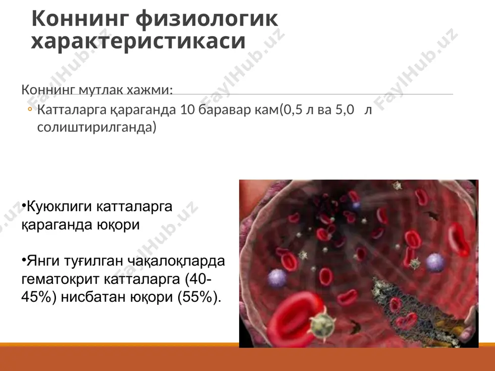 ккинчи кесишма" 4-5 ёшда, нейтрофил гранулоцитлар ва лимфоцитлар сони текисланганда ва ўртача 40-45% ни ташкил қилади. шундан сўнг, лейкограмма аста-секин катталар лейкограммасига яқинлашади ва у 12-14 yoshida унга тенглаштирилади. тромбоцитлар мегакариоцитларни кичик парчаларидир 8-9 кун яшайди асосий функцияси – коагуляция жараёнида иштирок этиш тромбопоэтинни шаклланишида иштирок этиш тромбоцитларни хосил булиши тромбоцитлар мегакариоцитлардан хосил булади * тромбоцитлар мегакарёцитлар деб аталадиган катта насл ҳужайраларидан келиб чиқади ва тромбоцитлар ҳосил бўлиши мегакарёцитлар ривожланишининг сўнгги босқичидир. тромбоцитларни нормал микдори янги тугилган чакалоклар – 150-400*109/l 1 ёшгача – 150-400*109/l катта ёшли бола – 150-400*109/l коагулляция гемостаз тизими кон-томир тромбоцитлар коагуляция ва фибринолизин * гемостаз мақсад: травма қон йўқотилишини минималлаштиришқон томир жавоб вазоконстрикциятромбоцитлар жавоби жароҳат пайтида фаоллашади парча шакли (аглутинация) плазма коагуляцион омиллари и - хиии омиллар ички йўлташқи йўл қон лахтаси фибрин тромбоцит эритроцит клиник текшириш усуллари бемор качон касал булди, қайси биринчи аломатлар билан касаллик бошланди унинг пайдо бўлишининг мумкин бўлган сабаблари (беморга кўра). …