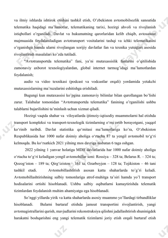 i "telekommunikatsiya" va "informatika" so'zlaridan hosil bo'lgan. shunga ko'ra, "transport telematikasi" tushunchasi transportda texnologik muammolarni hal qilishda telekommunikatsiya texnologiyalari va informatika imkoniyatlaridan foydalanish sohasini qamrab oladi. "telematik tizimlar" - bu harakatni boshqarish, barcha turdagi transport (yakka tartibdagi, jamoat, yuk) faoliyatini nazorat qilish va boshqarish, fuqarolar va korxonalarni mintaqada transport xizmatlarini tashkil etish to'g'risida xabardor qilish muammolarini hal qiladigan o'zaro bog'langan avtomatlashtirilgan tizimlar majmuasi tushuniladi. yevropada telematik tizimlarni yaratish va rivojlantirish bo'yicha loyihalar yevropa ittifoqi tomonidan qo'llab-quvvatlandi. aqsh va yaponiyada loyihalar hukumatlar tomonidan qo'llab-quvvatlandi, ular ittni amalga oshirish va rivojlantirishni strategik vazifa deb hisobladilar. ushbu tizimlar rivojlanishining ikkinchi bosqichi xx asrning 80-yillarida boshlangan va aloqa texnologiyasi, mobil aloqa va navigatsiyaning jadal rivojlanishi bilan bog'liq. yigirmanchi asrning 90-yillari o'rtalarida ittning yuqori samaradorligi yaqqol namoyon bo'ldi. 1997 yilda yevropa transport vazirlari konferentsiyasida quyidagi asosiy maqsadlarga ega bo'lgan yevropa miqyosida inteletual transport tizimlarini yaratishga qaror qilindi: · yo'l harakati xavfsizligini oshirish; · yo'l tarmog'ini …