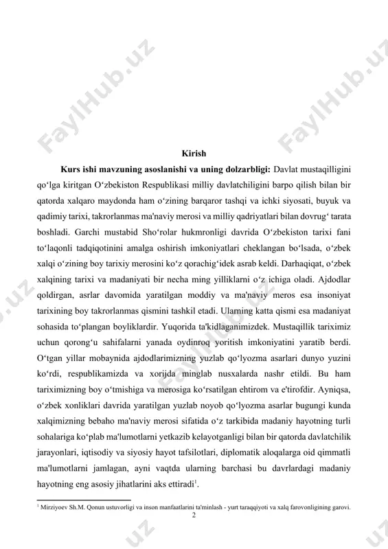 va madaniyati bir necha ming yilliklarni oʻz ichiga oladi. ajdodlar qoldirgan, asrlar davomida yaratilgan moddiy va ma'naviy meros esa insoniyat tarixining boy takrorlanmas qismini tashkil etadi. ularning katta qismi esa madaniyat sohasida toʻplangan boyliklardir. yuqorida ta'kidlaganimizdek. mustaqillik tariximiz uchun qorongʻu sahifalarni yanada oydinroq yoritish imkoniyatini yaratib berdi. oʻtgan yillar mobaynida ajdodlarimizning yuzlab qoʻlyozma asarlari dunyo yuzini koʻrdi, respublikamizda va xorijda minglab nusxalarda nashr etildi. bu ham tariximizning boy oʻtmishiga va merosiga koʻrsatilgan ehtirom va e'tirofdir. ayniqsa, oʻzbek xonliklari davrida yaratilgan yuzlab noyob qoʻlyozma asarlar bugungi kunda xalqimizning bebaho ma'naviy merosi sifatida oʻz tarkibida madaniy hayotning turli sohalariga koʻplab ma'lumotlarni yetkazib kelayotganligi bilan bir qatorda davlatchilik jarayonlari, iqtisodiy va siyosiy hayot tafsilotlari, diplomatik aloqalarga oid qimmatli ma'lumotlarni jamlagan, ayni vaqtda ularning barchasi bu davrlardagi madaniy hayotning eng asosiy jihatlarini aks ettiradi[footnoteref:1]. [1: mirziyoev sh.m. qonun ustuvorligi va inson manfaatlarini ta'minlash - yurt taraqqiyoti va xalq farovonligining garovi. - t.: oʻzbekiston. 2017. …