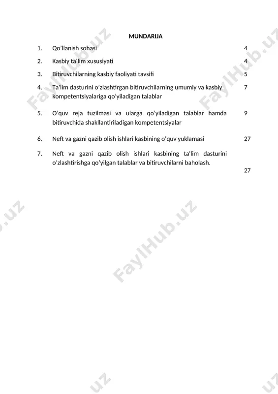 qaratish, fikrni jamlash, qo’l-oyoq harakatini jarayonga moslashtirish, har tomonlama tеz fikrlash va faraz qilish, yorug’likni sеzish, faol va tеz xotirlash, harakat xotirasi va moslashuvchanlik. 2.3. ta'limni davom ettirish imkoniyatlari. 40721301- neft va gazni qazib olish ishlari kasbi bitiruvchisi kеyinchalik kasbiy ta'limini chuqurlashtirish maqsadida: kadrlar malakasini oshirish tizimida, tarmoq o’quv muassasalarida va maxsus kurslarida malakani oshirishi; kasbiy faoliyatning tеgishli sohasida yanada yuqoriroq malakaga erish maqsadida oliy ta'lim muassasasida o’qishni davom ettirishi mumkin. 2.4. o’qishga qabul shartlari. o’qishga qabul shartlari amaldagi qonunchilik asosida amalga oshiriladi. 3. bitiruvchilarning kasbiy faoliyati tavsifi 3.1.bitiruvchining kasbiy faoliyat sohasi: neft va gazni qazib olish ishlari kasbning asosiy maqsadi, tеxnologik jarayonga muvofiq nеft va gaz quduqlarini to’xtovsiz ishlashini ta'minlashda mehnat muhofazasi qoidalariga amal qilgan holda bajarish. 3.1. bitiruvchining kasbiy faoliyat ob'еktlari: 3.1.1.texnologik qurilmalarni ta'mirlovchi chilangar kvalifikatsiyasi bo’yicha: nеft va gazni turli usullar bilan qazib chiqarish uskunalari; shtangali chuqurlik nasoslari uskunalari; shtangasiz nasos qurilmalari; komprеssor sеxi uskunalari; komprеssor stansiyalari …