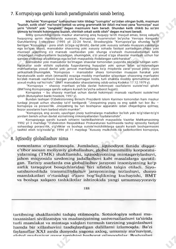 rii hayoti va fuqarolari turmush –tarzida namoyon bo‘li 105. konfutsiychilik va daosizm falsafasi. 107. ontologiya –borliq falsafasi 108. olamning mavjudligi va o‘zaro aloqadorligining alohida,hususiy va umumiy jihatlari. 109. bilish tushunchasi gnoseologiyaning asosiy kategoriyasi. 110. mantiqiy tafakkur shakllari va ularning xususiyatlari. 111. xulosa chiqarishning umumiy tavsifi. 112. mantiqiy fikrlar tarixida isbotlashning asoslanishi. 113. jamiyat mavjudligining moddiy va ma’naviy omillari. 114. milliy istiqlol mafkurasining shakllantirilishi va fuqarolar ongiga singdirishning usul va vositalari . 115. o‘zbekistonda inson qadri va erkinliklari. 116. jamiyat falsafasini o‘rganishning tarixiy ahamiyati. 117. materiya nima uning yashash usullarini nimalar tashkil qiladi. 119. xx asr falsafasining asosiy oqim va yo‘nalishlari. 121. gedonizm va evdomonizm ta’limotlarini izoxlab bering ? 122. davlatning oila tinchligi va barqarorligini ta’minlashdagi o‘rni. 123. sport va uning ma’naviy –estetik jihatlari. 124. estetik tarbiyaning maqsadi va vazifalirini tushuntirib bering? 125. etikaning kategoriyalari, tamoyillari va me’rlari nimalar ? 126. estetik munosabatlar deb nimaga aytiladi. 127. jamiyat hayotining sohalari va …