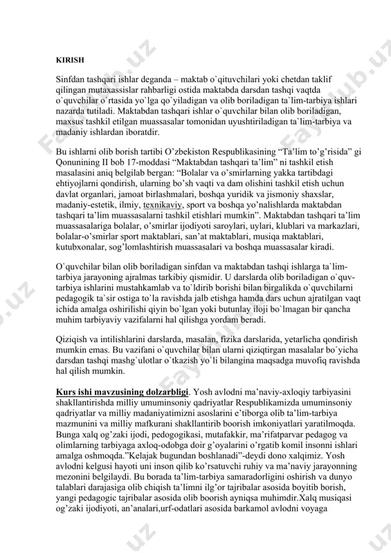 a oshirilishi qiyin bo`lgan yoki butunlay iloji bo`lmagan bir qancha muhim tarbiyaviy vazifalarni hal qilishga yordam beradi. qiziqish va intilishlarini darslarda, masalan, fizika darslarida, yetarlicha qondirish mumkin emas. bu vazifani o`quvchilar bilan ularni qiziqtirgan masalalar bo`yicha darsdan tashqi mashg`ulotlar o`tkazish yo`li bilangina maqsadga muvofiq ravishda hal qilish mumkin. kurs ishi mavzusining dolzarbligi. yosh avlodni ma’naviy-axloqiy tarbiyasini shakllantirishda milliy umuminsoniy qadriyatlar respublikamizda umuminsoniy qadriyatlar va milliy madaniyatimizni asoslarini e’tiborga olib ta’lim-tarbiya mazmunini va milliy mafkurani shakllantirib boorish imkoniyatlari yaratilmoqda. bunga xalq og’zaki ijodi, pedogogikasi, mutafakkir, ma’rifatparvar pedagog va olimlarning tarbiyaga axloq-odobga doir g’oyalarini o’rgatib komil insonni ishlari amalga oshmoqda.”kelajak bugundan boshlanadi”-deydi dono xalqimiz. yosh avlodni kelgusi hayoti uni inson qilib ko’rsatuvchi ruhiy va ma’naviy jarayonning mezonini belgilaydi. bu borada ta’lim-tarbiya samaradorligini oshirish va dunyo talablari darajasiga olib chiqish ta’limni ilg’or tajribalar asosida boyitib borish, yangi pedagogic tajribalar asosida olib boorish ayniqsa muhimdir.xalq musiqasi og’zaki ijodiyoti, an’analari,urf-odatlari asosida barkamol avlodni voyaga yetkazish …