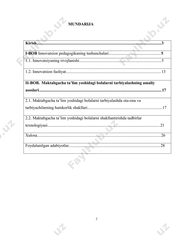 i etib tarbiyalash vazifalari hal etilmoqda. bolaning vatanparvarlik tarbiyasi kelajakdagi fuqaroni shakllantirishning asosidir. o‘z vatanining vatanparvarini tarbiyalash mas'uliyatli va qiyin vazifa bo‘lib, uni hal qilish maktabgacha yoshdagi bolalikdan boshlanadi. rejali, tizimli ishlar, turli ta’lim vositalaridan foydalanish, bog‘cha va oilaning umumiy sa’y-harakatlari, kattalarning o‘z so‘zi va qilgan ishlari uchun mas’uliyati ijobiy samaralar berib, vatanparvarlik tarbiyasi borasidagi keyingi ishlarga asos bo‘lishi mumkin. kurs ishining predmeti: maktabgacha yoshdagi bolalarda tarbiyalash jarayonini nazariy va amaliy tadqiq etish. kurs ishining vazifalari: 1) kurs ishini ilmiy adabiyotlar asosida yoritib berish. 2) kurs ishini amaliyotda qo‘llanilgan metod va o‘yinlar asosida boyitish. 3) kurs ishining ahamiyati haqida ma'lumot berish 4) yig‘ilgan ma'lumotlar asosida xulosa va tavsiyalar ishlab chiqish. kurs ishining strukturasi va hajmi. kurs ishi 2 bob, 4 bo‘lim, xulosa, tavsiya, foydalanilgan adabiyotlar va ilovalardan iborat. i-bob innovatsion pedagogikaning tushunchalari 1.1. innovatsiyaning rivojlanishi hozirgi taraqqiyotimizning talablari asosida ta’lim standartlari takomillashtirilib, dasturlar modernizatsiya qilinib, ta’lim muassasalariga yetkazilib berilmoqda. ta’lim …
