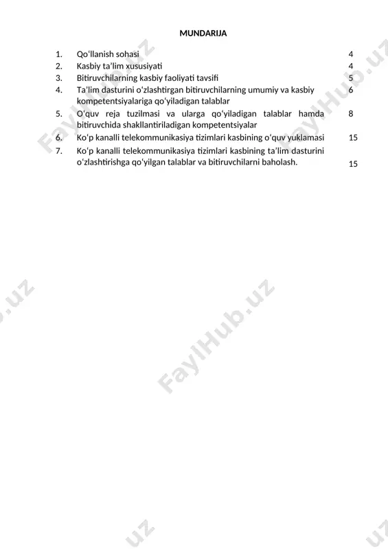 sida yanada yuqoriroq malakaga erish maqsadida oliy ta’lim muassasasida o‘qishni davom ettirishi mumkin. 2.4. o‘qishga qabul shartlari. o‘qishga qabul shartlari amaldagi qonunchilik asosida amalga oshiriladi. 3. bitiruvchilarning kasbiy faoliyati tavsifi 3.1. bitiruvchining kasbiy faoliyat sohasi ko‘p kanalli telekommunikasiya tizimlari nosozliklarni tuzatish va taxlil qilish, turli xil vazifalarda telekomunikatsiya sohasida ishlash va kabellarni montaj qilish ishlarini mehnat muhofazasi qoidalariga amal qilgan holda bajarish. 3.1. bitiruvchining kasbiy faoliyat obyektlari: 3.1.1. texnik kvalifikatsiyasi bo‘yicha: - global axborot infratuzilmasi; - aloqa liniyasi; - dasturiy ta'minot; - telekommunikatsiya tarmog'i; - umumiy telefon tarmog'i; - internet protokoli; - mobil ob'ektlar bilan uyali aloqa tarmog'i. 3.2. 40610801 - ko‘p kanalli telekommunikasiya tizimlari kasbi bo‘yicha ta’lim oluvchi quyidagi faoliyat turlariga tayyorlanadi: 3.2.1. texnik kvalifikatsiyasi bo‘yicha: - ko‘p kanalli telekommunikatsiya liniyasining abonent, tarqatuvchi va magistral uchastkalarida profilaktika ishlarini olib borish; - raqamli kommutasiya qurilmasini o‘rnatish va sozlash; - avtomat tizimlarini boshqarish; - abonent aloqa liniyasida nosozliklarni aniqlash va bartaraf …