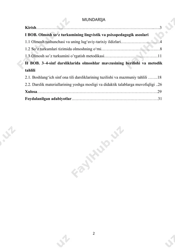 susiyatlariga mosligi nuqtai nazaridan baholash; 5. darsliklardagi topshiriqlar va mashqlarni tahlil qilish; 6. pedagogik amaliyot yoki tajriba asosida o‘quvchilarning olmoshlarni o‘zlashtirish darajasini aniqlash; 7. tahlil asosida taklif va tavsiyalar ishlab chiqish. 8. olmosh so‘z turkumi o‘zining shakl, ma’no va funksiyasi jihatdan boshqa so‘z turkumlaridan farq qiladi. ular turli semantik guruhlarga ajralib, o‘rnini egallovchi birliklar sifatida nutqimizda muhim rol o‘ynaydi. olmoshlarning lug‘aviy va tarixiy ildizlari qadimgi turkiy manbalarda o‘z aksini topgan bo‘lib, ular bugungi zamonaviy tilimizda shakl va ma’nolarini saqlab qolgan. shuningdek, olmoshlar morfologik rivojlanish jarayonida o‘z shakllarini mukammallashtirib, grammatik tizimning ajralmas qismiga aylangan. mazkur bobda olmoshlarning so‘z turkumlari tizimidagi o‘rni, ularning boshqa so‘z turkumlari bilan o‘zaro munosabati, grammatik xususiyatlari, tarixiy taraqqiyoti hamda o‘quvchilarda bu toifadagi so‘zlarni anglash va qo‘llash kompetensiyalarini shakllantirish masalalari keng yoritiladi. i bob. olmosh so‘z turkumining lingvistik va psixopedagogik asoslari 1.1. olmosh tushunchasi va uning lug‘aviy-etimologik ildizlari olmosh — bu predmet (narsa, shaxs, belgi, miqdor)ning nomini bevosita …