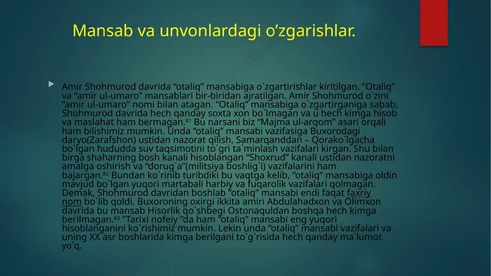 nni yana “qozi sha`ri sharif” deb ham ataganlar. bu ikki mansab egalari jazo berish, molini musodara qilish, shariat bo`yich sud qilish, hibsga tashlashga huquqlariga bo`lgan.88 shu martabalarning keyingi ikkinchi pog`onasida muftilar. uning yuqori darajasi a`lam mansabi bo`lib, sohibi yurish va lashkar tortishlar vaqtida fatvo bergan. muhtasib uchunchi darajada turgan. sayidlar avlodidan bo`lishi lozim bo`lgan. viloyatlarda esa sayid bo`lmagan olimni ham muhtasiblikka tayinlangan. to`rtinchi mudarris. bir umrga berilib, ta`lim bilan mashg`ul bo`lmasa ham xazidan maosh olgan. yuqoridagilardan keyingi martabada jo`ybor xo`jalari, naqib, o`roqi kalon(katta o`roq), naqshbandiya tariqatining xalifasi turardilar. jo`ybor xo`jasi sayidlarga berilib, jo`ybor hukumati (xo`jalar mozori bilan) uning qo`lida bo`lgan.89 uchinchi darajali unvonlar olimlar, sayidlar, o`zbek va mahalliy zodagonlarga loyiq deb topilgan amaldorlarga berilgan. birinchisi “mir asad”. ulamolardan yoki sayidlardan bo`lgan. buxoro rabotining ichki muhtasibligi bir farsah90gacha uning zimmasida bo`lgan. ikkinchi “fayzi” mansabi, olim yoki sayid bo`lgan kishiga berilgan. buxoro rabotining tashqi muhtasibligi bir farsah masofada uning zimmasida bo`lgan. uchinchi …