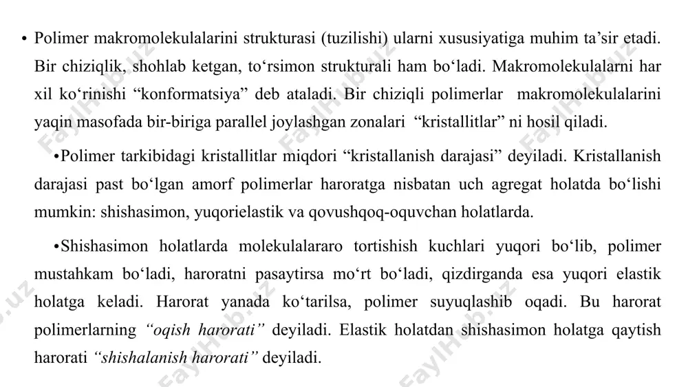 ni parchalab yuboradi va fizik-mexanik xossalarini pasaytiradi. shuning uchun ham, blok polimerlash usulidan stirol va metilmetakrilatdan tiniq organik shisha va ba’zi optik vositalar tayyorlashda foydalaniladi. lok polimerlash usuli asosan, ikkiga bo‘linadi. ularning birida ham monomerni, ham polimerni erituvchi suyuqliklar ishlatiladi. hosil bo‘lgan polimer eritmasini lok sifatida ishlatish mumkin. shuning uchun ham bu usul lok usuli deyiladi. ikkinchisida muhit sifatida olingan erituvchi monomerni eritsa ham hosil bo‘lgan polimerni erita olmaydi. lok usulining asosiy kamchiligi hosil bo‘lgan polimer molekulyar og‘irligining kichikligi va ayniqsa, erituvchi moddalarning o‘tga chidamligidir. bundan tashqari, bu usul ishlab chiqarish texnologiyasini ancha qiyinlashtiradi. lok usulidan asosan, katalitik polimerlashda foydalaniladi. emulsion polimerlash usuli ilg‘or, istiqboli eng porloq usuldir. bu usulda, birinchidan, reaksiya odatdagi haroratda katta tezlik bilan boradi, ikkinchidan, hosil bo‘lgan polimer yuqori sifatli bo‘ladi; shu sababli bu usul polimerlar olishning eng asosiy usulidir. emulsion polimerlashda dispersion muhit asosan, suvdan iborat bo‘lib, undan monomerning 7-50% igacha emulsiya tayyorlanishi mumkin. ammo …