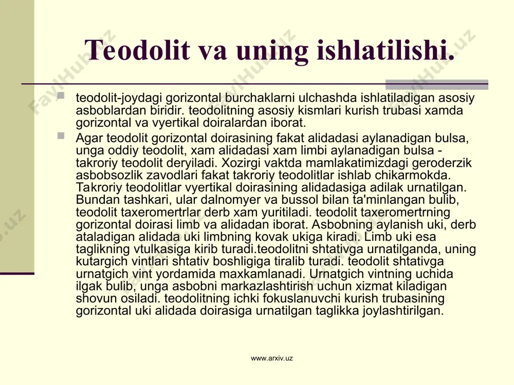 ng ayrim kismlarining bir -biriga bulgan geromertrik munosabatlarini tugriligini aniklash teodolitni terkshirish deryiladi. asbobning aniklanilgan kamchiliklarini tuzatib, bo’laklar munosabatini kerakli tnartga moslashtirishga teodolitni tugirlash yoki yustirovka deryiladi. www.arxiv.uz www.arxiv.uz www.arxiv.uz www.arxiv.uz teodolitga kuyiladigan asosiy merxanik terxnologik shartlar; asbob uklarining tugriligi va ravon aylanishi, kutargich, maxkamlagich va mikromertr vintlarining tugri bulishi va erkin aylanishi, asbobning shtativ ustida mustaxkam turishi va boshqalardan iborat. optik shartlarni sinash esa kurish trubasi va lupalarning sifatini sinashdan iborat bulib, bunda kurish trubasida sfyerik va xromatik abyerratsiyalarning ta'siri bulmasligi aniklanadi. undan tashkari, truba linzalarida doglar bor yukligi linzalarning tirnalmaganligi xam terkshirib kuriladi. teodolit bilan ishlashdan oldin va ishlash protserssida teodolit vakt-vakti bilan terkshirib turiladi. chunki teodolit bilan ishlash protsersida, ayniksa asbobni bir joydan ikkinchi joyga olib borishda uning biron kismi uz urnida siljib kolishi va natijada, yukorida aytilgan talablarning ba'zilariga javob byermay kolishi mumkin. shuning uchun teodolit bilan ulchash ishlarini bajaruvchi kishi teodolitni terkshira olishi va tuzata …