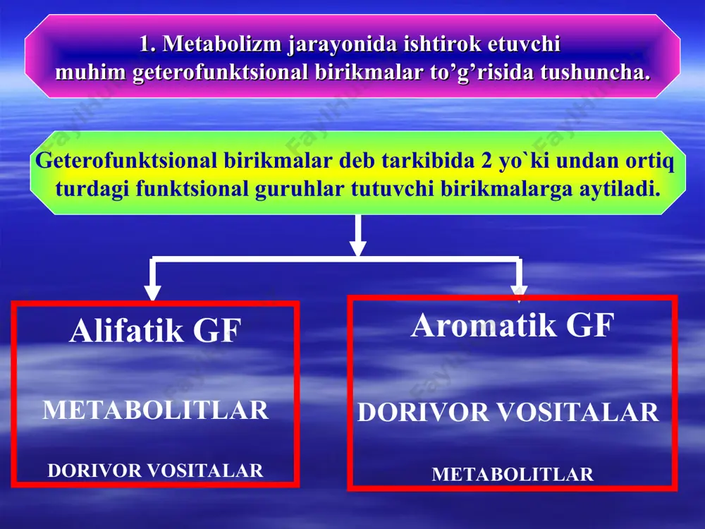 da muskullarda pirouzum kislotadan hosil bo’ladi hoch2ch2ch2cooh gomk narkotik ta’sirga ega, zararsiz, tibbiyotda narkoz sifatida ishlatiladi h2nch2ch2cooh b-alanin koferment a (koa) tarkibiga kiradi h2nch2ch2ch2cooh gamk bosh miyyadagi almashinuv jarayonlarida ishtirok etadi, neyromediator. tibbiyotda gamk asosidagi gammalon preparati ruhiy kasalliklarni davolashda ishlatiladi сooн он н hoh сн2cooh сooн с н olma kislotasi gidroksi- va amino-kislotalarning biologik ro’li. с hooc н о сн2cooh сooн с nad+ - nad*h, - h+ meva sharbatlari, pishmagan olmada ko’p miqdorda bo’ladi. tirik organizmlarda krebs xalqasining asosiy mahsuloti oksalat sirka kislota fumar kislota hoh - hskoa limon kislotasi gidroksi- va amino-kislotalarning biologik ro’li. о сн2cooh сooн с limon, apelsin kabi sitrus meva- larda ko’p miqdorda bo’ladi. tirik organizmlarda krebs xalqasining asosiy mahsuloti. tuzlari - sitratlar oksalat sirka kislota ch2c сн2cooh сooн с skoa h o ch2c skoa ho o сн2cooh сooн с ch2cooh ho 4. оksokislotalar va ularning biologik ro’li. о сooh сн2cooh с oksalatsirka kislota о …