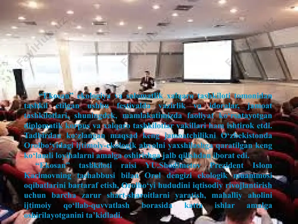 intaqalardagi ekoturizm ob’yektlarida faoliyat yurituvchi biznyes tuzilmalar va mahalliy hokimiyat organlari, shuningdyek joylardagi o’z-o’zini boshqarish organlari ham jalb etildi. markaz faoliyatining rivojlanishiga 1999 yili o’zbekiston respublikasi prezidyenti tomonidan tasdiqlangan «2005 yilgacha bo’lgan davr mobaynida o’zbekistonda turizmni rivojlantirish dasturi» ham yordam byerdi. ushbu dasturga jahon madaniyati va tarixining myerosiga kiruvchi tabiiy yodgorliklarini, qo’riqxonalarini saqlash va aniq maqsadlarda foydalanish bo’yicha markyeting chora-tadbirlari kiritildi. ekoturistik marshrutlarning markyeting stratyegiyasi ishlab chiqilishi va rivojlanishida, markaz ekologik ryesurslarning yaxlitlikda saqlanishi majburiyligi va bu ryesurslarga nagruzkalarning yo’l qo’yilmasligini inobatga oladi. www.arxiv.uz www.arxiv.uz ushbu aspektda o’z faoliyatini amalga oshirishda o’zbekiston ryespublikasining tabiatni asrash qonunchiligi, shuningdyek, atrof-muhit va mustahkam rivojlanish sohasida xalqaro kyelishuvlarda qabul qilingan normalar markazning o’z maqsadiga yetishishida ijobiy yordam byeradi. o’zbekiston respublikasida ekoturizmning rivojlanishi bilan bog’liq bo’lgan ko’pgina muammolar bor jumladan, mahalliy aholini ekoturistik faoliyatga jalb qilish, malakali mutaxassislarning yetishmasligi, ko’pgina mamlakatlardagi potyentsial sayyohlarning markaziy osiyo mintaqasining ekoturistik noyob tabiiy-landshaft imkoniyatlaridan byexabarligidir. ushbu va boshqa masalalarni …