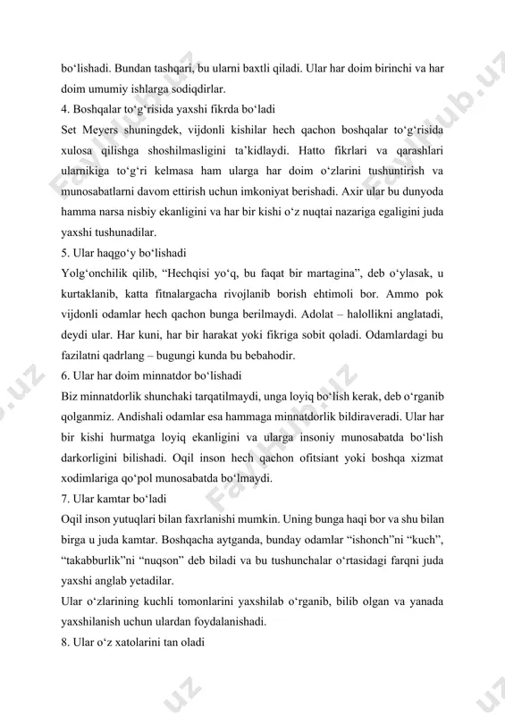ulardan foydalanishadi. 8. ular o‘z xatolarini tan oladi xato qilgani yoki yanglishganini tan olish kimga yoqadi, deysiz? bu nihoyatda mushkul. siz o‘zingizni xo‘rlangan, ranjigandek his qilasiz... faqat munosib inson bunday qilmaydi. ular chinakamiga o‘z xatolarini tan olishda hech qanday muammoni ko‘rmaydi. insofli kishi o‘zini aybdor deb bilsa, u doim kechirim so‘rashga tayyor bo‘ladi. 9. ular ishonchli bo‘ladi oqil inson har doim o‘z majburiyatlarini bajaradi. bu inson sizga o‘ziga tayanish mumkinligini aytsa, bilingki, nima bo‘lgan taqdirda ham ular o‘z so‘zlari ustidan chiqadi va siz to‘g‘ringizda unutmaydi. bunga amin bo‘lishingiz mumkin. milliy-maʼnaviy qiyofa – jamiyatdagi turli etnos, xalq, millatga xos umumiy milliy xususiyatlar (negizlar) asosida tarixan shakllangan, ularning turmush tarzi, tili, urf-odat va anʼanalari, qadriyatlariga xos va mos boʻlgan umumiy milliy-maʼnaviy xususiyatlar, fazilatlar majmuasidir. milliy-maʼnaviy qiyofa har bir jamiyatga xos boʻlgan muhim tarixiy, falsafiy, ijtimoiy-siyosiy xususiyat sanaladi. milliy-maʼnaviy qiyofa tarixan tarkib topgan milliy anʼana, urf-odat, rasm-rusum, taomillarni oʻzida mujassam etadi. milliy-maʼnaviy qiyofa …