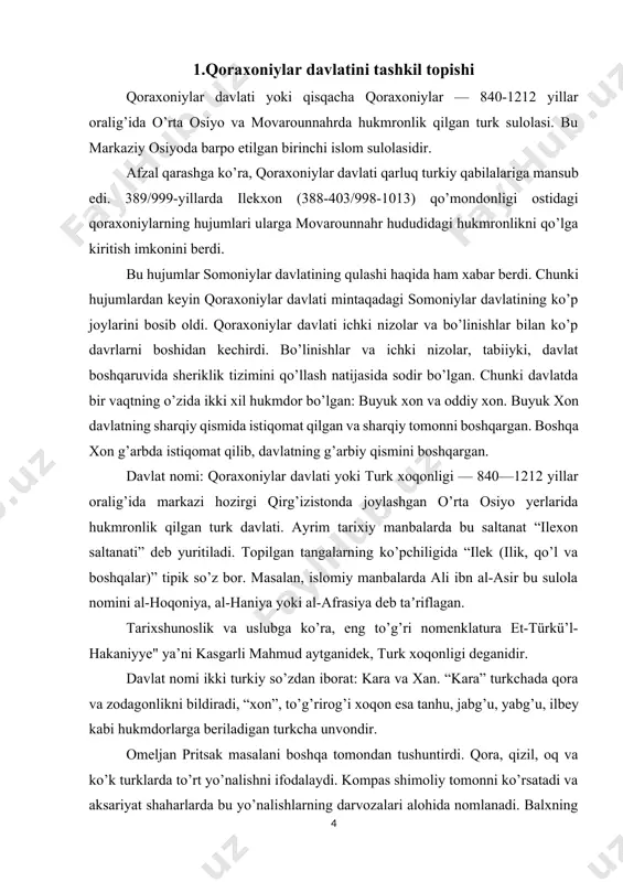 ga: sharqiy va g’arbiy qismga bo’linib ketadi. sharqiy qismiga yettisuv, qashqar, taroz, isfijob, shosh va sharqiy farg’ona kirgan. poytaxti bolasog’un, madaniy markazi qashqar bo’lgan. g’arbiy qism movarounnahrdan to farg’ona vodiysining g’arbiy chegarasigacha bo’lgan yerlarni o’z ichiga oladi. markazi samarqand hisoblangan. yagona qoraxoniylar davlati bu tarzda ikkiga bo’linishi va ular o’rtasida sulolaviy kurashlarning davom etishi, yerdan foydalanishga iqto tartibotining keng yoyilishi va mahalliy hokimlarning kuchayishi markaziy hokimiyatni zaiflashtirib qo’yadi. natijada qoraxoniylar davlati 1130-yil saljuqiylar hukmdori sulton sanjarga tobe bo’lib qoladi. 12-asrning 30-yillari oxirida qoraxoniylar davlati sharqdan kelgan yangi istilochilar — ko’chmanchi qoraxitoylar hujumiga duchor bo’lib, parchalanib ketdi[footnoteref:1]. lekin qoraxoniylar davlati, garchi tarqoq holda bo’lsa-da, 13-asr boshiga qadar mavjud bo’lgan. 1212-yilda qoraxoniylarning so’nggi vakili usmon ibn ibrohimning aloud-din muhammad xorazmshoh tomonidan qatl etilishi qoraxoniylarni sulola sifatida rasman barham topishiga olib keldi. [1: istoriya uzbekskiy ssr. t. 1. kniga pervaya. 1955, s. 255.] 2.qoraxoniylar davlati hukmdorlar boshqaruvi qoraxoniylar davlat boshqaruvi yuqoridan quyiga qarab …