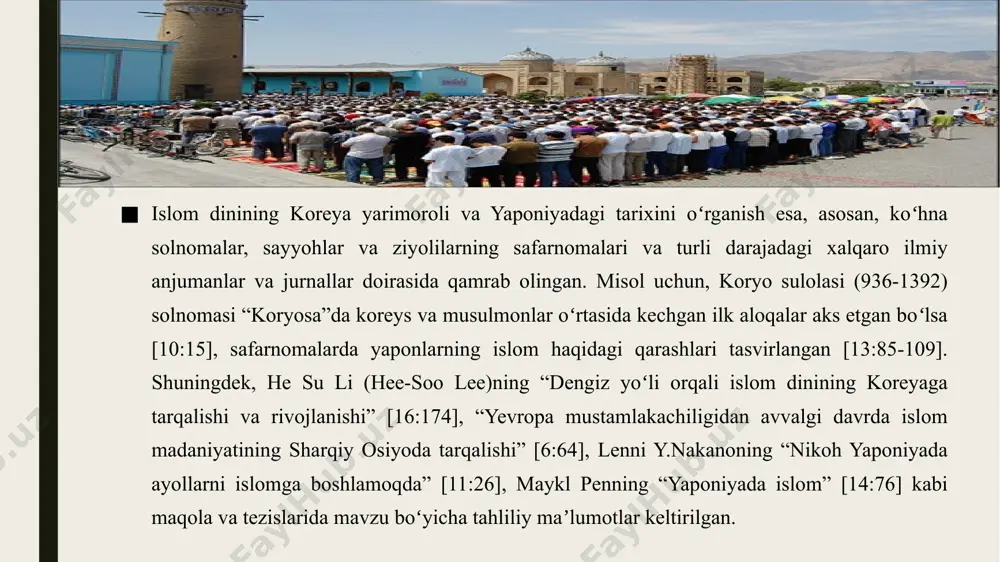 da koreyada musulmonlarning jamiyatga akkulturatsiyasi ikki farqli madaniyatni yagona rakursda qabul qilishga majburlash evaziga sodir boʻlgan. bu mintaqadagi islomiy madaniyat belgilari va mahalliy anʼanalarni boyishiga yordam bergan. uning to’liq ismi muhammad ibn iso ibn savra ibn muso ibn az-zahhok abu iso as-sullamiy az-zariyr al-bug’iy at-termiziy bo’lib , hijriy 209 /milodiy824- yilda termiz yaqinidagi bug’ ( hozirgi surxondaryo viloyatining sherobod tumani hududida joylashgan ) qishlog’ida o’rtahol bir oilada tavallud topgan . markaziy osiyolik mashhur tarixchi abu saad abdulkarim as-sam’oniy (1113-1167) at-termiziy bug’ qishlog’ida vafot etganligi uchun al-bug’iy taxallusi bilan ham atalgani , olimning ko’p yig’laganidan umrining oxirlarida ko’zi ojiz bo’lib qolganidan az-zariyr (ko’zi ojiz) taxallusini olganligini ham qayd etadi . termiziy ustozlari va shogirdlari ustozlari imom al-buxoriy imom muslim ibn al-xajjoj abu dovud qutayba ibn sa’id is’hoq ibn muso mahmud ibn g’iylon said ibn abdurrahmon muhammad ibn bashshor ali ibn hajar al-mrvaziy ahmad ibn muniy muhammad ibn al-musanno sufyon ibn vaqiy …