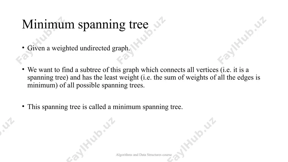 e ends of the currently picked edge belong to different subtrees, these subtrees are combined, and the edge is added to the answer. after iterating through all the edges, all the vertices will belong to the same sub-tree, and we will get the answer. minimum spanning tree advanced algorithm: dsu algorithms and data structures course the complexity of described algorithm is in the simple version of the kruskal algorithm, we sort all the edges of the graph in non-decreasing order of weights. then put each vertex in its own tree (i.e. its set) via calls to the function - it will take a total of . we iterate through all the edges (in sorted order) and for each edge determine whether the ends belong to different trees (with two calls in each). finally, we need to perform the union of the two trees (sets), for which the dsu function will …
