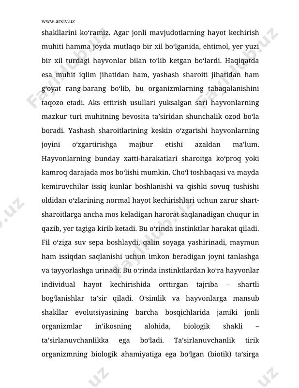h shakli o‘zini tartibga solishga yordam beradigan tropizmlarning mavjudligi bilan mukam-mallik kasb etadi. hayvonlarga mansub shakllarda ta’sirlanuvchanlikning yangi turi – sezuvchanlik paydo bo‘ladi. a. n. leontyevning faraziga ko‘ra, se-zuvchanlik ginetik jihatdan qaraganda, muhitning organizmni boshqa ta’sirlar bilan bog‘lovchi, singallik vazifasini o‘tovchi ta’sirlarga ja-vob ta’siridan bo‘lak narsa emas. yuksak taraqqiy etgan hayvonlarda sezuvchanlik oshib, sezgi organlari shakllanadi. narsalarning o‘ziga (biron-bir organik ehtiyojli, ular yordamida qoldirib bo‘lmasligi ma’nosida) ahamiyatsiz belgilari (hidi, shakli, rangi) signallik ahamiyatiga ega bo‘ladi. shuning uchun ham ma’lum bir sharoitlarda hatto oddiy hayvonlar ham biotik ta’sir-lardan emas, balki mazkur muayyan vaziyatda turli xildagi biotik ta’sirlar ro‘y berayotgani haqida signal berishi mumkin bo‘lgan biotik, indeferent ta’sirlardan ham ta’sirlana boshlashi mumkin. onadan tug‘ma ravishda qolgan xatti-harakatlarga instinktiv xatti-harakatlar deyiladi. instinktiv reaksiyalar xatti-harakatlarning tug‘ma shakllarini ishga tushirishga olib keladigan oddiy omillar tufayli sodir bo‘ladi. yuksak taraqqiy etgan hayvonlarda, ayniqsa sut emizuvchilarda, xatti-harakatning yangi, ancha nafis shakllari birinchi darajali aha-miyat kasb etmoqda. soddaroq …
