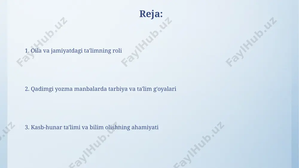 ga 12 yoshdan boshlab, asosan amaliy ko'nikmalar, 3 ta asosiy hunar — duradgorlik, kulolchilik va to'quvchilikka oid bilimlar berilgan. qadimgi manbalarda, "kasb-hunarga o'rgatish" jarayoni oilaviy an'analarga asoslangan bo'lib, 70% dan ortiq o'quvchilar ota-onalaridan kasb sirlarini o'rganganligi qayd etilgan. qadimgi yozma manbalarda tarbiya haqida tasavvurlar qadimgi yunonistondagi retorika va dialektika o‘qitish uslublari, bolaning mantiqiy fikrlash va muloqot ko‘nikmalarini rivojlantirishga qaratilgan bo‘lib, demokratiyaning rivojiga sezilarli ta’sir ko‘rsatgan. qadimgi misr papiruslarida bolalarni 6 yoshdan boshlab yozuv, hisob va musiqa asoslarini o‘rgatishga alohida e’tibor qaratilgani aks etadi, bu esa ularning har tomonlama rivojlanishiga xizmat qilgan. jismoniy va ruhiy sog'lomlikka e'tibor xitoyning "dao de jing" asarida jismoniy va ruhiy sog'lomlikka erishish uchun tabiat bilan uyg'unlikda yashash, 5 element - yog'och, olov, tuproq, metall va suv muvozanatini saqlash ta'kidlangan. avesto'da sog'lom turmush tarzini o'rgatish, toza suv va havo bilan ta'minlash, 30 turdagi o'simliklardan foydalanish kabi ko'rsatmalar mavjud. e'tiboringiz uchun rahmat @taqdimot_robot image4.png image5.jpg image6.jpg image7.jpg image8.jpg …