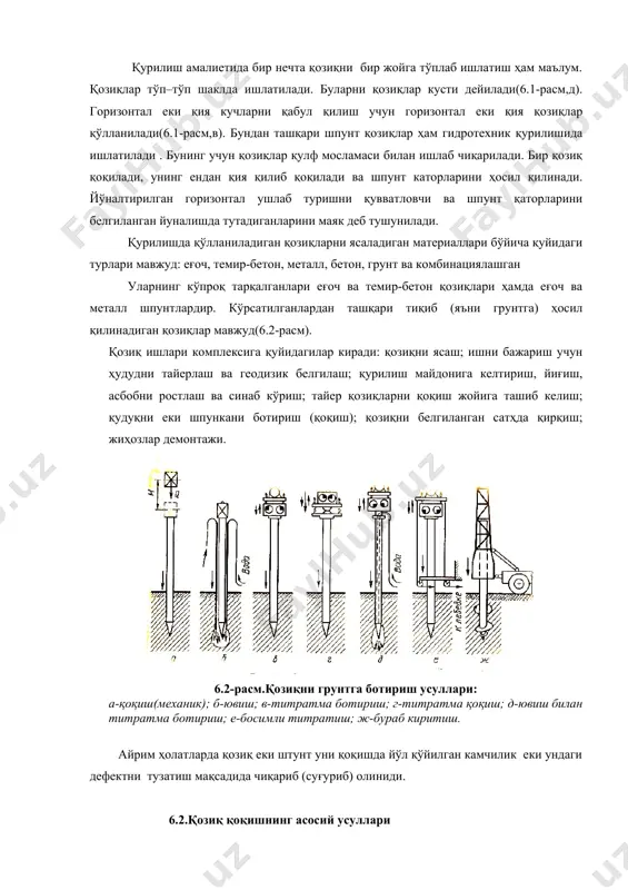 дан ташқари шпунт қозиқлар ҳам гидротехник қурилишида ишлатилади . бунинг учун қозиқлар қулф мосламаси билан ишлаб чиқарилади. бир қозиқ қоқилади, унинг ендан қия қилиб қоқилади ва шпунт каторларини ҳосил қилинади. йўналтирилган горизонтал ушлаб туришни қувватловчи ва шпунт қаторларини белгиланган йуналишда тутадиганларини маяк деб тушунилади. қурилишда қўлланиладиган қозиқларни ясаладиган материаллари бўйича қуйидаги турлари мавжуд: еғоч, темир-бетон, металл, бетон, грунт ва комбинациялашган уларнинг кўпроқ тарқалганлари еғоч ва темир-бетон қозиқлари ҳамда еғоч ва металл шпунтлардир. кўрсатилганлардан ташқари тиқиб (яъни грунтга) ҳосил қилинадиган қозиқлар мавжуд(6.2-расм). қозиқ ишлари комплексига қуйидагилар киради: қозиқни ясаш; ишни бажариш учун ҳудудни тайерлаш ва геодизик белгилаш; қурилиш майдонига келтириш, йиғиш, асбобни ростлаш ва синаб кўриш; тайер қозиқларни қоқиш жойига ташиб келиш; қудуқни еки шпункани ботириш (қоқиш); қозиқни белгиланган сатҳда қирқиш; жиҳозлар демонтажи. 6.2-расм.қозиқни грунтга ботириш усуллари: а-қоқиш(механик); б-ювиш; в-титратма ботириш; г-титратма қоқиш; д-ювиш билан титратма ботириш; е-босимли титратиш; ж-бураб киритиш. айрим ҳолатларда қозиқ еки штунт уни қоқишда йўл қўйилган камчилик …