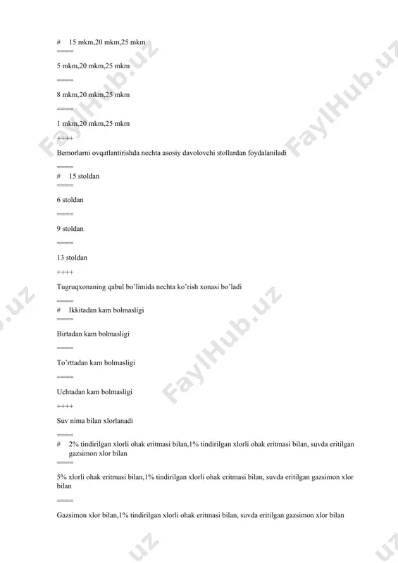 di ==== # 460g ==== 200g ==== 300g ==== 530g ++++ tog’ kon va yer ostida ishlovchilarining ovqatlanish ratsionini hisoblashda mehnat jadalligining qaysi guruhiga kiritiladi ==== # 5 guruhga ==== 3 guruhga ==== 4 guruhga ==== 2 guruhga ++++ sutning kraxmal bilan qalbakilashtirilganligni aniqlashdagi qanday aniqlaniladi ==== # 5-7 ml sutni qaynatish, sovutish, 3-4 tomchi yodli eritma tomizish, baholash ko’k rang kraxmal borligini korsatadi ==== sutni 60 gradusgacha qizdirish, sovutish, tilmans boyogini qoshish kok rang kraxmal borligini korsatadi, nessler reaktivi tomizish ==== tilmans boyogini qoshish kok rang kraxmal borligini korsatadi, 3-4 tomchi yodli eritma tomizish, baholash kok rang kraxmal borligini korsatadi ==== nessler reaktivi tomizish, 5-7 ml sutni qaynatish, sovutish, 3-4 tomchi yodli eritma tomizish ++++ o’rtacha dispers changlarning o’lchamlari qanday ==== # 6 mkm,8 mkm,10 mkm ==== 1 mkm,8 mkm,10 mkm ==== 4 mkm,8 mkm,10 mkm ==== 20 mkm,8 mkm,10 mkm ++++ vitamin a c ning profilaktik sutkalik miqdori …