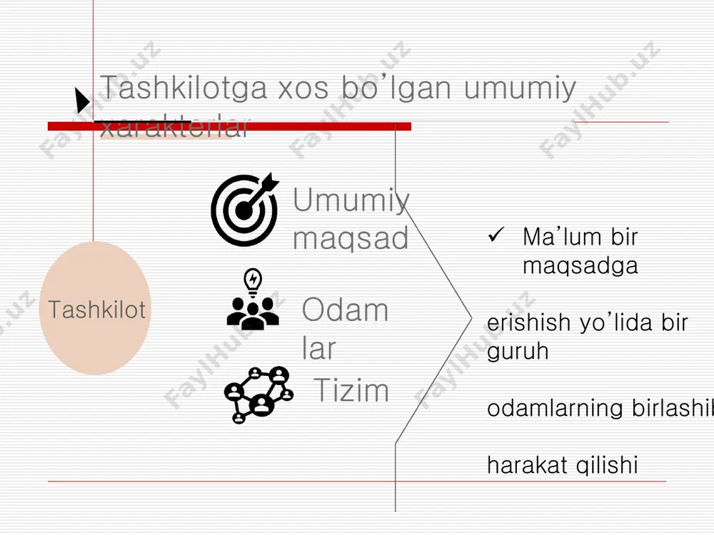бу иккинчи даражали кичик максадлар (2.1; 2.2.; 2.3.; 2.4.; 2.5.; 2.6.; маqsadlar shajarasi boshqarishda maqsadli yondoshuv usuli yoki maqsadli menejment-bu boshqarishning muayyan tizimi bo‘lib unda ikkita unsur bir-biri bilan uzviy bog‘langan bo‘ladi:  maqsad (pirovard natija)  nazorat 1991 yilning 31 avgustida o‟zbekiston rsepublikasining davlat mustaqilligi e‟lon qilindi. shunday bir sharoitda respublikada davlat va iqtisodiyotni qayta qurishining bosh maqsadi birinchi prezidentimiz i.a. karimov tomonidan quyidagicha aniqlab berildi: pirovard maqsadimiz ijtimoiy yo„nalitirilgan barqaror bozor iqtisodiyotiga, ochiq tashqi siyosatga ega bo„lgan kuchli demokratik xuquqiy davlatni va fuqarolik jamiyatini barpo etishdan iboratdir “funktsiya‖ - bu lotincha so‘z bo‘lib biror kimsa yoki narsaning ish, faoliyat doirasi, vazifasi degan ma‘nolarni bildiradi ―vazifa‖ - bu amalga oshirilishi, hal qilinishi lozim bo‘lgan masala, erishilishi lozim bo‘lgan, ko‘zda tutilgan maqsad. yoki biror bir topshiriq, xizmat, yumush, xizmat lavozimi, mansab, amal boshqarish funktsiyalari – ko‘p qirrali tushunchadir. shu sababli ularni muhim belgilar bo‘yicha turkumlarga ajratib o‘rganish zaruriyati tug‘iladi. boshqaruv …