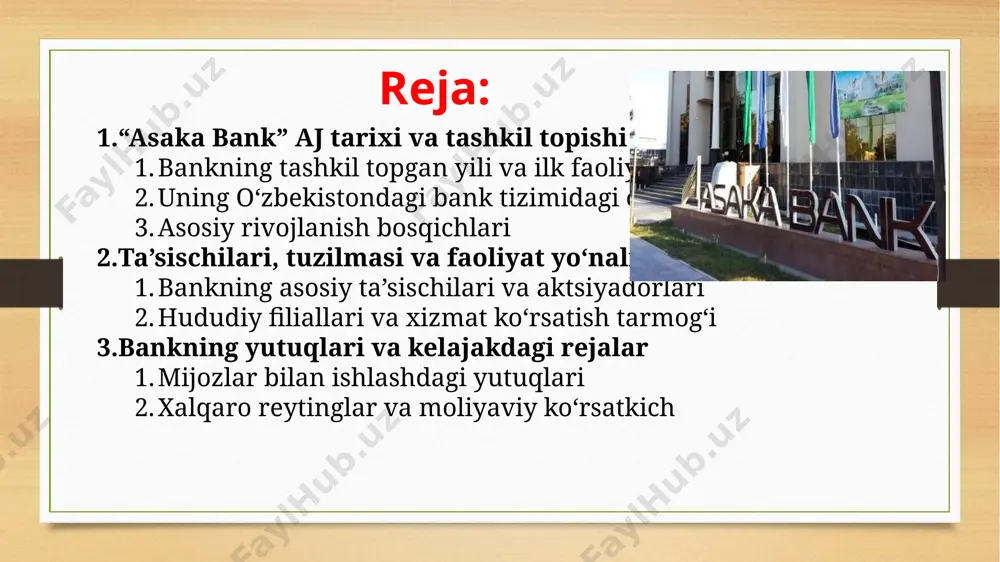 berish; yirik loyihalarni xalqaro moliyaviy institutlar bilan hamkorlikda moliyalashtirish. shunday qilib, “asaka bank” nafaqat tijorat banki, balki sanoat va iqtisodiy taraqqiyotning muhim tayanchi sifatida rivojlana boshlagan. “asaka bank”ning o‘zbekistondagi bank tizimidagi o‘rni “asaka bank” aj o‘zbekiston respublikasi bank tizimida yetakchi tijorat banklaridan biri hisoblanadi. u mamlakatdagi eng yirik banklar qatoriga kiradi va o‘zining moliyaviy barqarorligi, ishonchli xizmatlari va texnologik rivojlanishi bilan ajralib turadi. bank tizimidagi asosiy o‘rni quyidagilarda ko‘rinadi: strategik sohalarni moliyalashtirish: avtosanoat, energetika, transport va qurilish kabi yirik tarmoqlarga kreditlar ajratish orqali iqtisodiyot rivojiga hissa qo‘shadi. korporativ mijozlarga xizmat ko‘rsatish: yirik korxonalarga bank xizmatlari, hisob-kitoblar, kredit va investitsiya loyihalari bo‘yicha xizmat ko‘rsatadi. xalqaro moliyaviy hamkorlik: yevropa tiklanish va taraqqiyot banki, osiyo taraqqiyot banki, xalqaro valyuta jamg‘armasi kabi xalqaro moliya institutlari bilan hamkorlik qiladi. innovatsion bank xizmatlari: mobil ilovalar, internet-banking, to‘lov tizimlari va raqamli texnologiyalarni joriy qilish orqali zamonaviy xizmatlarni taqdim etmoqda. hududiy qamrov: bankning filiallari o‘zbekistonning barcha viloyatlarida mavjud …