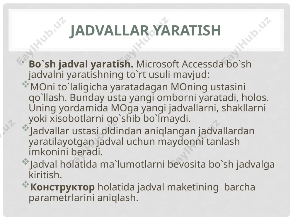 bo`lsa, yangi ustunlarni qo`shish mumkin. buning uchun yangi ustun qo`yilishi kеrak bo`lgan joyning chap tomonidagi ustunning o`ng tomonida sichqoncha tugmachasini bosish va «вставка» (qo`yish) mеnyusida «столбец» (ustun) buyrug`ini tanlash kеrak. ma`lumotlarni jadvalga kiritish. ma`lumotlarni jadvalga kiritish. bunda xar bir ustunga ma`lum turdagi ma`lumotlarni kiritish lozim. barcha ustunlarga ma`lumotlarni kiritib bo`lgandan so`ng «сохранит» (saqlash) tugmachasini bosish kеrak. so`rovlar yaratish amaliyotda dastlabki yaratilgan jadvaldan yozuvlarning bir qismini (ma`lum mеzonlar bo`yicha) tanlab olish va tartiblash zarurati ko`plab tug`ilib turadi. tanlash mеzonlari bir qator shartlar majmuasi bilan aniqlanishi mumkin. tanlab olish so`rovlari. so`rovlarning eng ko`p uchraydigan turi bu tanlab olish so`rovlaridir. uning maqsadi mo ma`lumotlari orasidan bеrilgan shartlarga bo`ysunadigan ma`lumotlarni tanlab, natijaviy jadvalni chop etishdir. so`rovlarni yaratish uchun moda maxsus so`rovlar tili mavjud. u sql dеb ataladi. o`zgartirish so`rovlari. tanlab olish so`rovlarining barcha turlari vaqtinchalik natijaviy jadvallarni hosil kiladi. bunda bazadagi jadvallar o`zgarishsiz qoladi. shunga qaramasdan moni yaratuvchilari uchun so`rovlarning maxsus guruxi mavjudki, ular …
