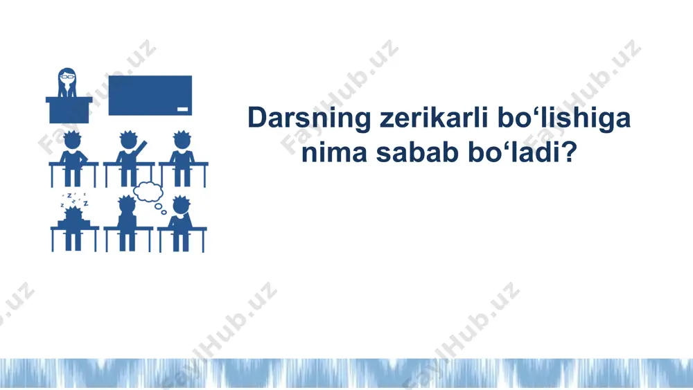 ‘lishi. o‘qitish emas, o‘rganish jarayoni ustuvor. fikrlash chuqurlashadi, bilim esa “tayyor” emas, faoliyat orqali kashf etiladi yangi bilimlar o‘quvchining mavjud tajribasi asosida quriladi. o‘qituvchi tayyor bilim beruvchi emas, balki yo‘l-yo‘riq ko‘rsatuvchi, ishtirokchini rag‘batlantiruvchi hamkorlikda o‘rganish juftlikda, kichik guruhda, jamoa bo‘lib ishlash orqali ijtimoiy ko‘nikmalar shakllanadi. tanqidiy, ijodiy va reflektiv fikrlashni rag‘batlantirish. tafakkurni rivojlantirishga yo‘naltirish o‘quvchining dars markazida bo‘lishi – o‘qitish emas, o‘rganish jarayoni ustuvor. o‘quvchi faol, mustaqil va tashabbuskor bo‘lishi kerak. faoliyatga asoslangan o‘qitish – bilim tayyor emas, faoliyat orqali egallanadi (kuzatish, tadqiqot, loyihalash, yechim topish). hayotga bog‘langanlik – mavzular hayotiy, dolzarb muammolar va real holatlarga bog‘langan bo‘lishi zarur. tanishdan notanishga qarab rivojlantirish – yangi bilimlar o‘quvchining mavjud tajribasi asosida quriladi. tafakkurni rivojlantirishga yo‘naltirish – tanqidiy, ijodiy va reflektiv fikrlashni rag‘batlantirish. hamkorlikda o‘rganish – juftlikda, kichik guruhda, jamoa bo‘lib ishlash orqali ijtimoiy ko‘nikmalar shakllanadi. o‘qituvchining roli — fasilitator – o‘qituvchi tayyor bilim beruvchi emas, balki yo‘l-yo‘riq ko‘rsatuvchi, ishtirokchini rag‘batlantiruvchi. 7 …