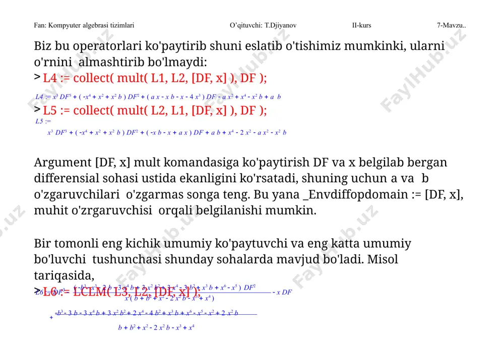 ususiy yechimiga fan: kompyuter algebrasi tizimlari o’qituvchi: t.djiyanov ii-kurs 7-mavzu.. teng. shuning uchun ham bir jinsli bo’lmagan chiziqli differensial tenglamaning yechi-mini chiqarish satri hamma vaqt ixtiyoriy o’zgarmaslarni o’z ichi-ga olgan qo’shiluvchilardan iborat (bu mos keluvchi differensial tenglamaning umumiy yechimi) va ixtiyoriy o’zgarmaslarsiz bo’lgan yig’indidan iborat (bu bir turli bo’lmagan differensial teng-lamaning xususiy yechimi) bo’lishi mumkin. dsolve komanda differensial tenglamaning yechimini hi-soblanmaydigan shaklda beradi. hosil bo’lgan yechim ustidan ke-yinchalik ishlash uchun (masalan, yechim grafigini yasash) hosil bo’lgan yechimning o’ng tomonini rhs(%)komanda bilan ajratish kerak. y'+ycosx=sinxcosx differensial tenglamaning umumiy yechimini topish. restart; de:=diff(y(x),x)+y(x)*cos(x)=sin(x)*cos(x);     x de:=  y(x)  y(x) cos( x)  sin(x) cos( x) dsolve(de,y(x)); y(x)  sin(x)  1  e(sin( x)) _ c 1 demak, izlanayotgan tenglamaning yechim funksiyasi y(x)  sin(x)  1  e(sin( x)) _ c 1. eslatma: maple da differensial tenglamaning yechimini chiqarish satrida ixtiyoriy konstanta _s1 kabi belgilanadi. fan: kompyuter …