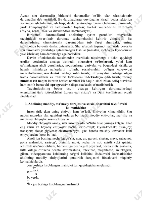 a’lim olish uchun zarur bo‘lgan sovodxonlik, bilim va ko‘nikma asoslarini shakllantirishga qaratilgandir. o‘rta maxsus, kasb-hunar ta’limi, ya’ni akademik liseylar bo‘yicha ishlash huquqini beradigan hamda bunday ish yoki ta’limni navbatdagi bosqichda davom ettirish uchun asos bo‘ladigan o‘rta maxsus, kasb-hunar ta’limi beradi. oliy ta’lim, ya’ni universitetlar, akademiyalar, institutlar va oliy maktabning boshqa ta’lim muassasalari, yuqori malakali oliy ma’lumotli mutaxassislar tayyorlashni ta’minlaydi. oliy o‘quv yurtidan keyingi ta’lim (aspirantura, ad’yunktura, doktorantura) jamiyatning yuqori malakali ilmiy va ilmiy-pedagogik kadrlarga bo‘lgan ehtiyojlarini ta’minlashga qaratilgandir. kadrlar malakasini oshirish va ularni qayta tayyorash kasb bilimlari va ko‘nikmalarini chuqurlashtirish hamda yangilashni ta’minlaydi. bu ko‘rsatkichlar jumlasiga quyidagilar kiradi (har 1000 kishi aholiga to‘g‘ri kelgan): o‘rta-maxsus, kasb-hunar o‘quv yurtini bitirganlar va band bo‘lganlar soni (ko‘m); oliy ma’lumotlilar soni (ko); fan nomzodlari soni (kfn); fan doktorlari soni (kfd); fanlar akademiyasining muxbir a’zolari soni (kma); akademiklar soni (ka); aspirantlar soni (kasp); doktorantlar soni (kd); ommalashgan kutubxonalardagi kitoblar son (kks); kitob, jurnal va gazetalarning …