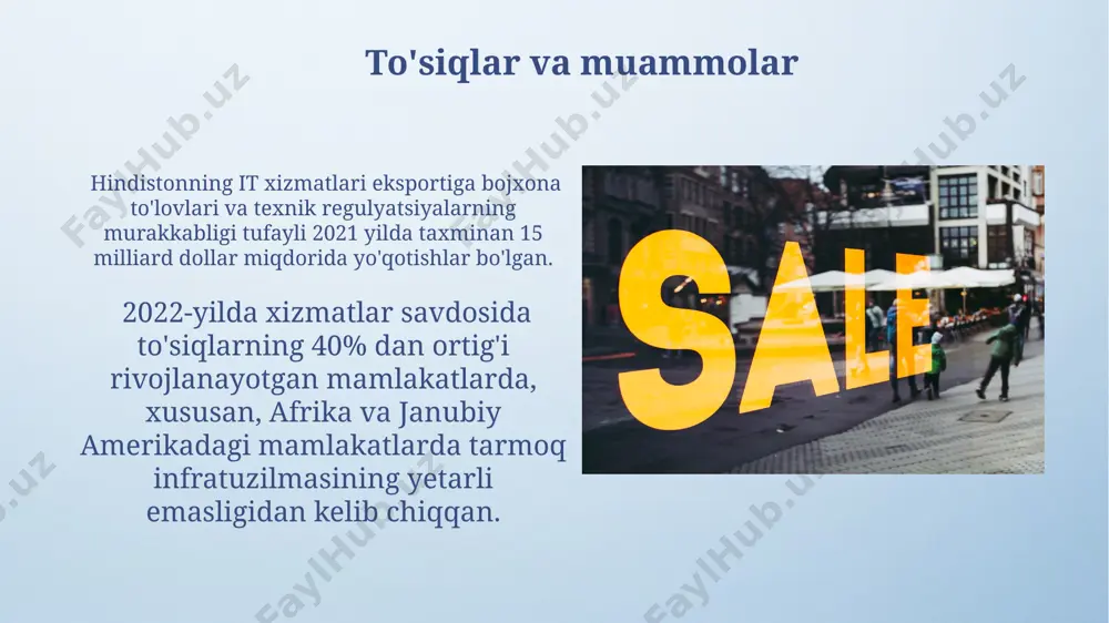 ra, 2021 yilda moliyaviy xizmatlar xalqaro savdo hajmining 20% dan ko'prog'ini tashkil etdi, bu esa aqsh va xitoy kabi yirik iqtisodiyotlar uchun muhim daromad manbai hisoblanadi. xulosa va tavsiyalar жаҳон савдо ташкилотининг 2024 йилдаги ҳисоботига кўра, рақамли хизматлар савдосининг 30% дан ортиғини ақш ва сингапур каби давлатлар ташкил этади, бу эса уларнинг рақамли инфратузилмасининг ривожланганлигини кўрсатади. европа иттифоқи ва жанубий америка давлатлари ўртасидаги хизматлар савдосидаги тўсиқларни камайтириш бўйича 2023 йилдаги келишувлар икки томонлама савдо ҳажмини 15% га оширишга ёрдам беради. xizmatlar savdosining iqtisodiy oqibatlari aqshning texnologiya xizmatlari eksportining 20% dan ortig'i osiyo-tinch okeani mintaqasi davlatlariga to'g'ri keladi, bu mintaqaning tez rivojlanayotgan iqtisodiyoti bilan bog'liq. xalqaro moliyaviy xizmatlarning rivojlanishi, masalan, londondagi banklar orqali, jahon iqtisodiyotining barqarorligi uchun muhim ahamiyatga ega, lekin 2008 yildagi inqiroz xavflarni ham namoyish etdi. xizmatlar savdosining ahamiyati jahon savdo tashkiloti (jst) ma'lumotlariga ko'ra, 2024 yilda xizmatlar savdosining o'sishi global iqtisodiy tiklanishni 1,5% ga tezlashtirishi mumkin, ayniqsa yevropa …