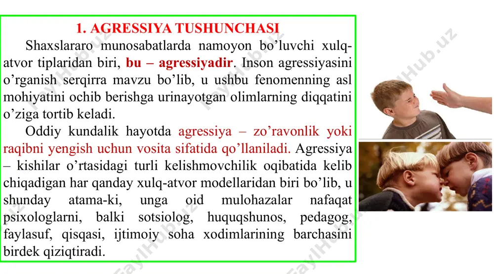 etkazuvchi har qanday fe’l-atvor ko’rinishidir. bir qancha taniqli tadqiqotchilar tomonidan taklif etilgan agressiyaning ikkinchi ma’nosi esa quyidagini o’z ichiga oladi: u yoki bu harakatlar agressiya sifatida kvalifikatsiyalanishi uchun ular kimnidir oxir-oqibat xafa qilish yoki haqoratlashga olib kelishi shart emas, balki xafa qilish va haqoratlashni maqsad qilib qo’yish ham agressiyadir. va nihoyat uchinchi nuqtai nazar m.zilman tomonidan bildirilib, unga ko’ra agressiya – boshqalarga tan jarohati va jismoniy jarohatlar yetkazish demakdir. agressiya tushunchasini talqin qilishdagi kelishmovchiliklarga qaramasdan, ijtimoiy fanlar sohasidagi ko’plab mutaxassislar uning ikkinchi nuqtai nazarda bayon etilgan ma’nosini ma’qullashga ko’proq moyillik bildiradilar. 2.shaxslararo munosabatlarda agressiv xulqning namoyon bo’lishi l.berkovits va boshqa tadqiqotchilar bunday stimullar qatoriga qurol kirishini aniqlashdi. tajribalarning birida o’yinchoq qurol o’ynagan bolalar o’yindan so’ng boshqalar kubiklardan qurgan uychani osongina buzib tashlashgani kuzatilgan. yoki yana bir tajribada viskoniya universiteti talabalari ko’z oldilarida qurol turganda (ularning nazarida bu qurol oldingi tajribadan so’ng tasodifan unutib qoldirilgan edi) o’z «dilozor»lariga ko’proq kuchlanishli tok …